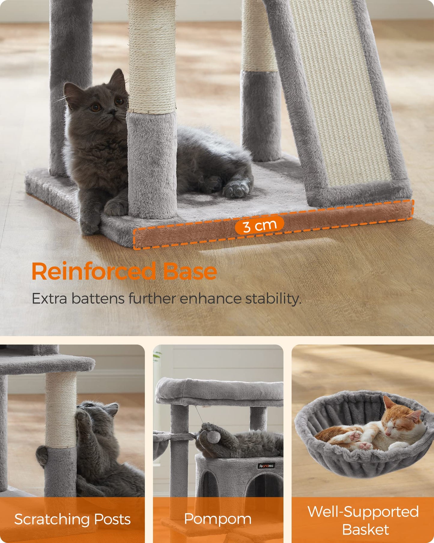 Gadvera Cat Tree - Widened Perch for Large Cats - Light Grey