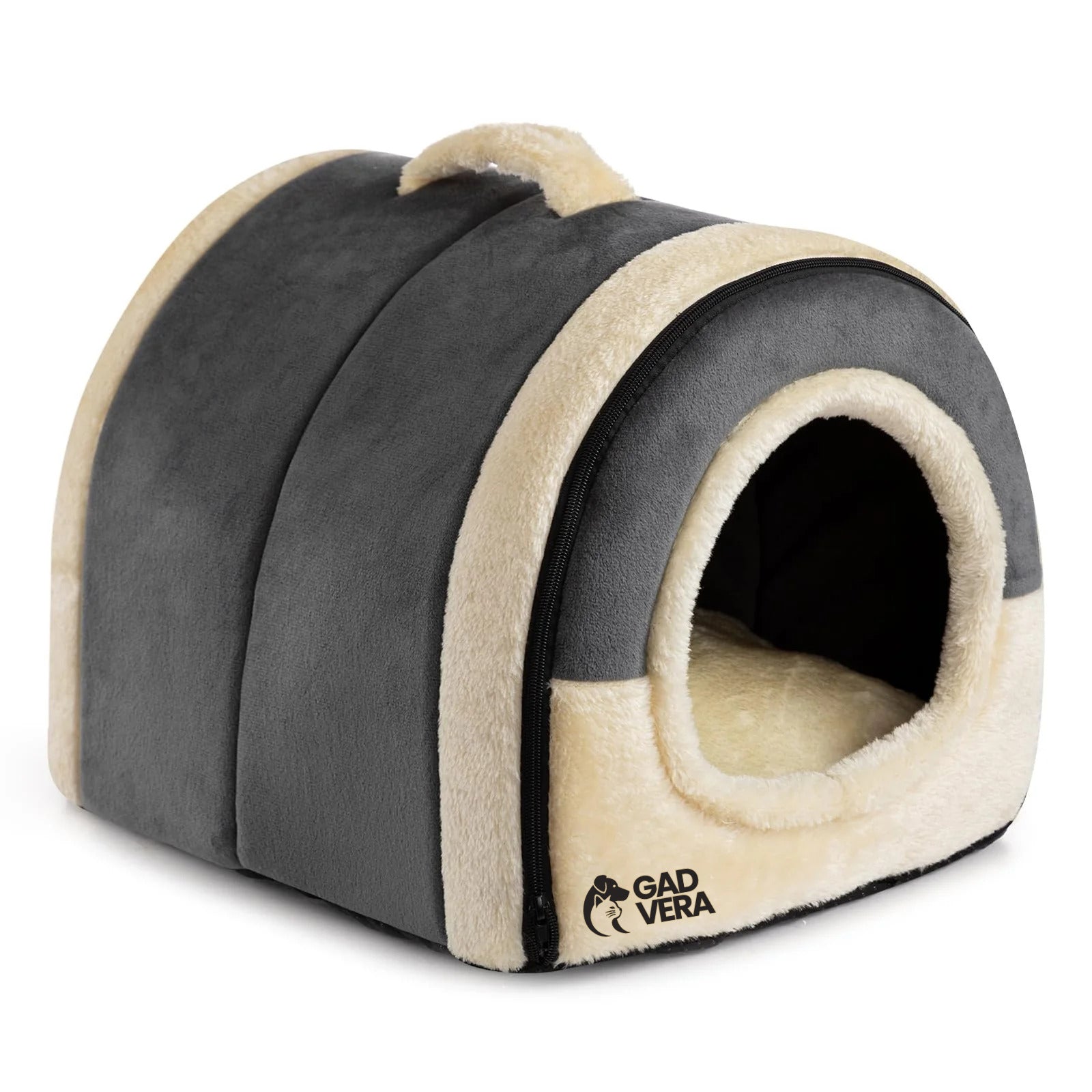 Gadvera 2-in-1 Foldable Cat & Small Dog Bed - Crystal Velvet Cat Cave, Indoor/Outdoor, Dark Grey