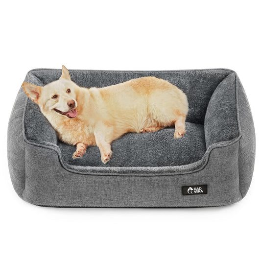 Gadvera Dog Bed - Linen-Look, Raised Edges, Non-Slip, Washable Cover, L (90x75x25cm)