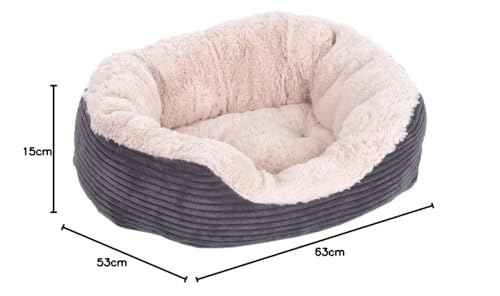 Gadvera Jumbo Cord Plush Dog Bed - Washable Oval Cushion, Non-Slip Base, 62x60cm - Grey/Cream