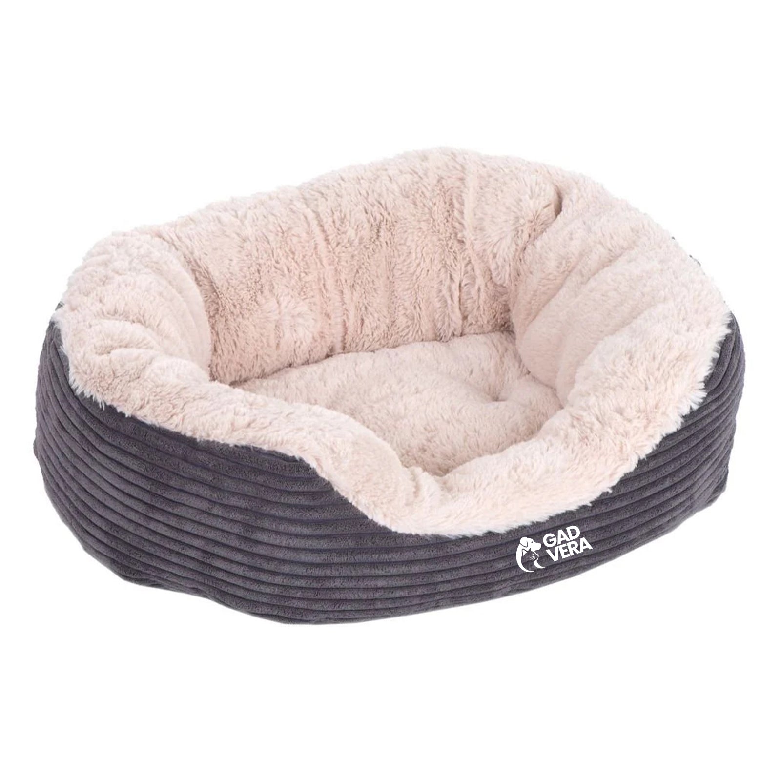 Gadvera Jumbo Cord Plush Dog Bed - Washable Oval Cushion, Non-Slip Base, 62x60cm - Grey/Cream