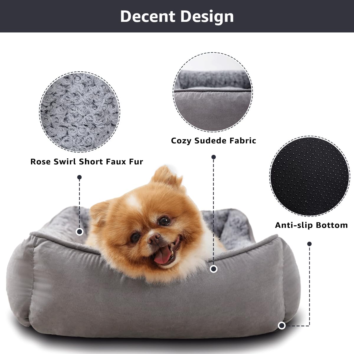 Gadvera Small Dog Bed - Washable Plush, Non-Slip, 60x45cm - Grey