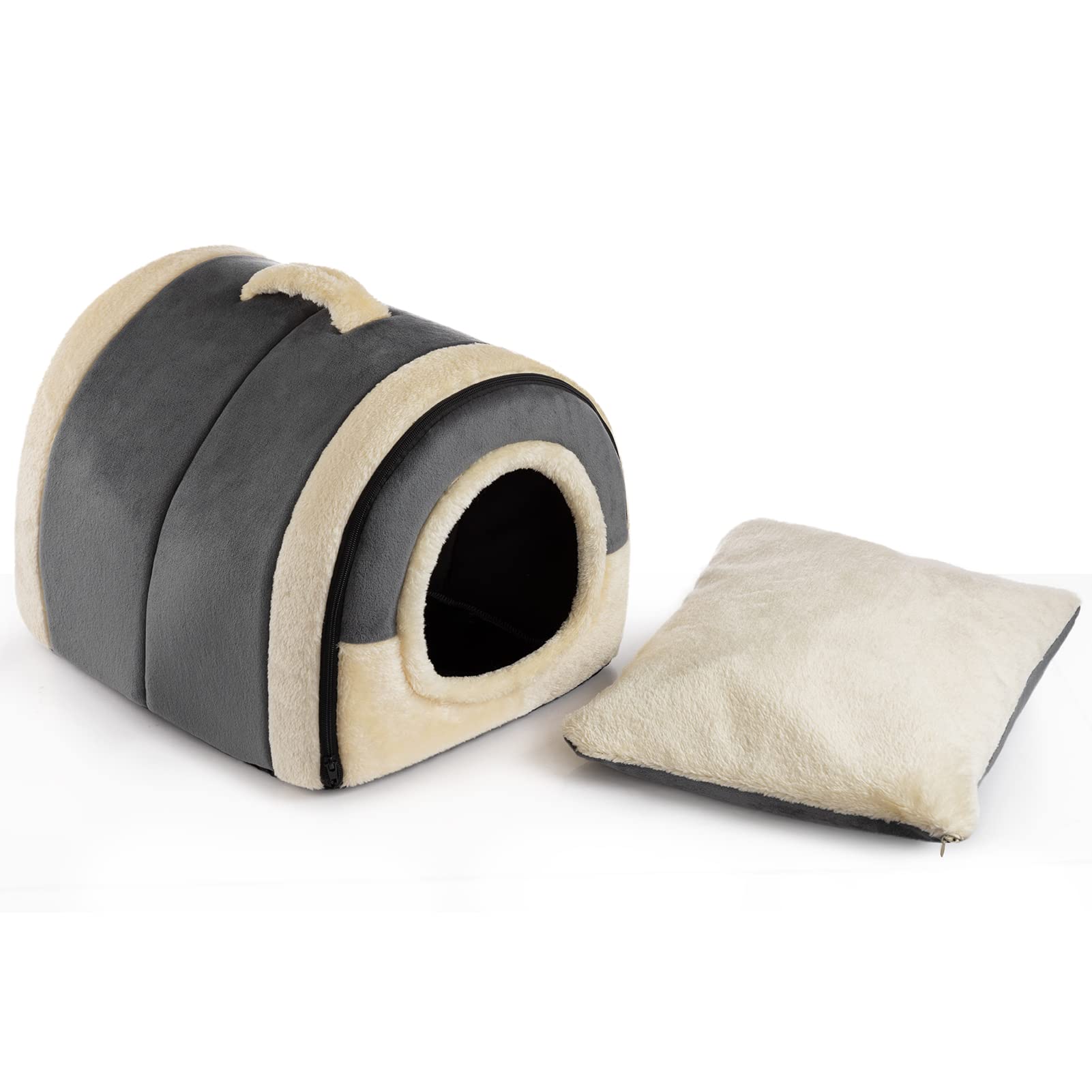 Gadvera 2-in-1 Foldable Cat & Small Dog Bed - Crystal Velvet Cat Cave, Indoor/Outdoor, Dark Grey