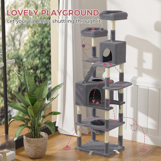CAT'S VILLA 6'8ft Cat Tree 208cm Tall XL Tower with 4 Colours Updated Version B&M Cat Scratchers & Hammock Basket for Playful Cats Large Cat Tree Activity Centre Multilevel Scratching Post 208cm Climbing Tower
