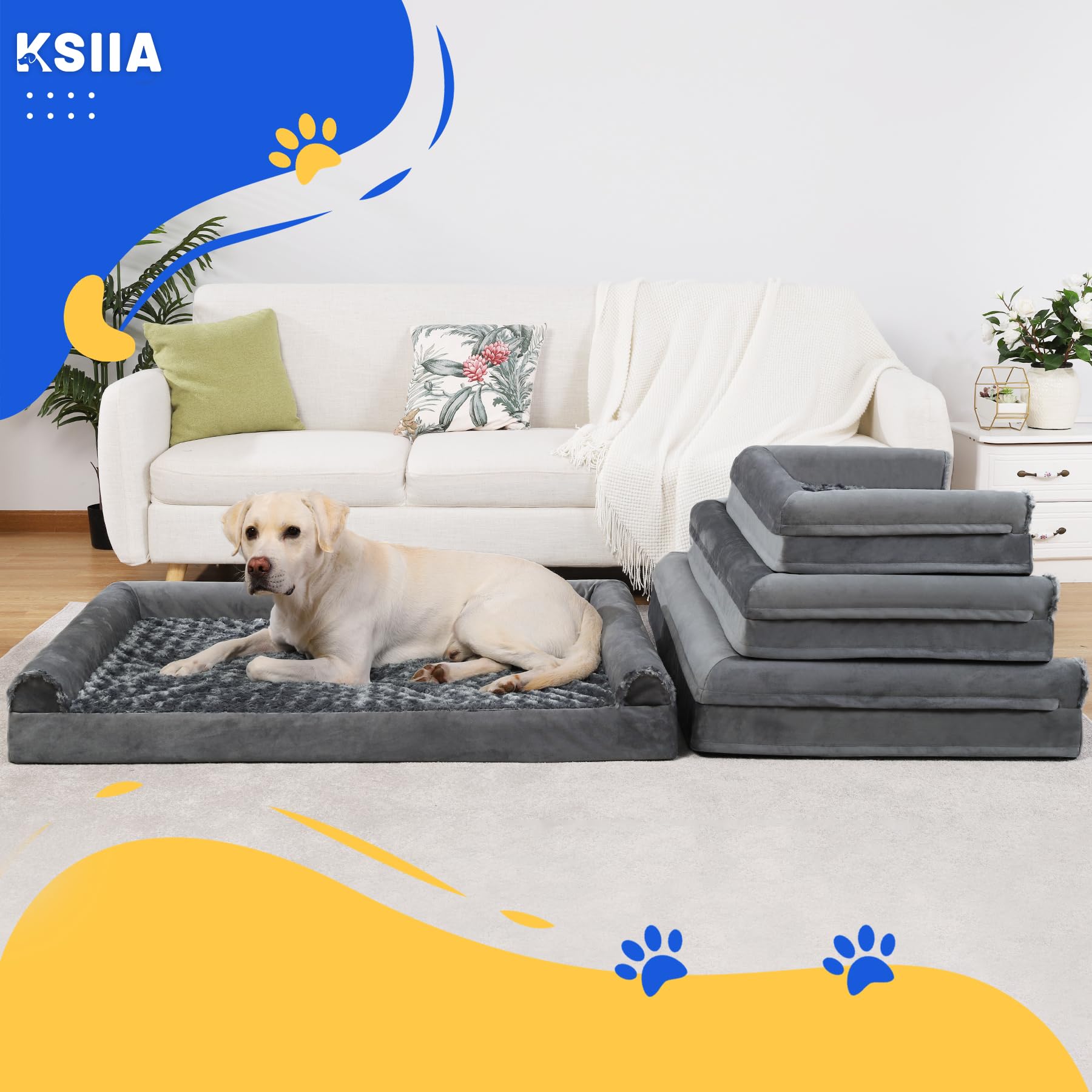 Gadvera Large Orthopedic Dog Bed - U-Shape Bolster, Waterproof, Washable Cover, 90x57x16cm - Grey
