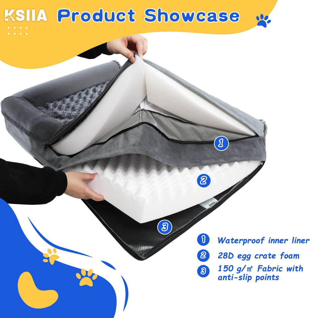 Gadvera Large Orthopedic Dog Bed - U-Shape Bolster, Waterproof, Washable Cover, 90x57x16cm - Grey