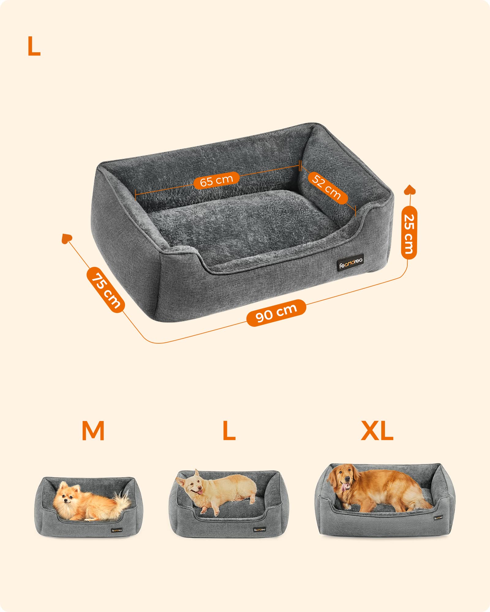 Gadvera Dog Bed - Linen-Look, Raised Edges, Non-Slip, Washable Cover, L (90x75x25cm)