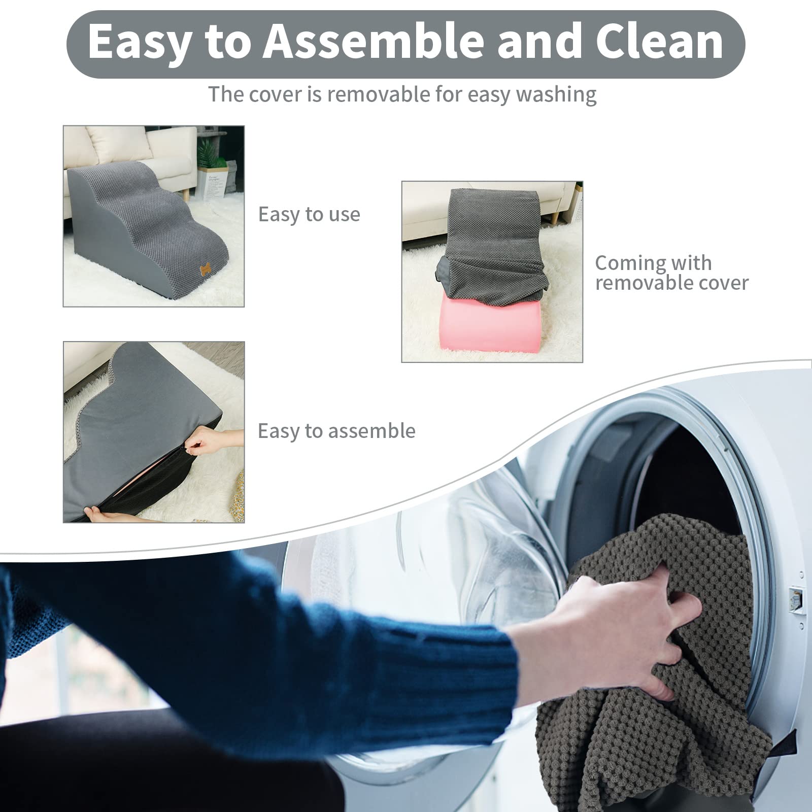 Gadvera 3-Step Dog Stairs - Non-Slip, High-Density Foam, Removable Cover