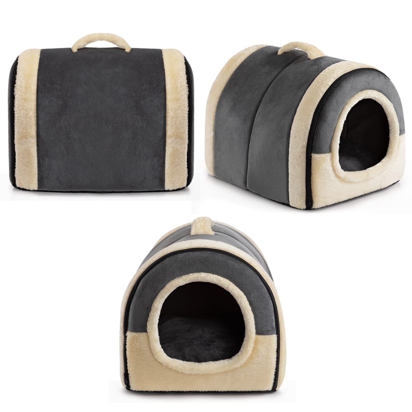Gadvera 2-in-1 Foldable Cat & Small Dog Bed - Crystal Velvet Cat Cave, Indoor/Outdoor, Dark Grey