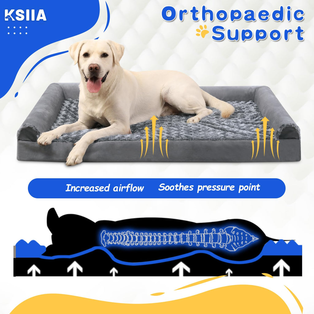 Gadvera Large Orthopedic Dog Bed - U-Shape Bolster, Waterproof, Washable Cover, 90x57x16cm - Grey