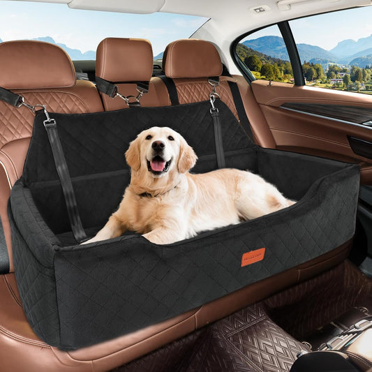 Gadvera™ Large Dog Car Seat – Washable Travel Bed for Pets Under 100 lbs | Detachable Booster Seat with Safety Leashes & Storage Pockets for 2 Medium Dogs (Black/Brown)