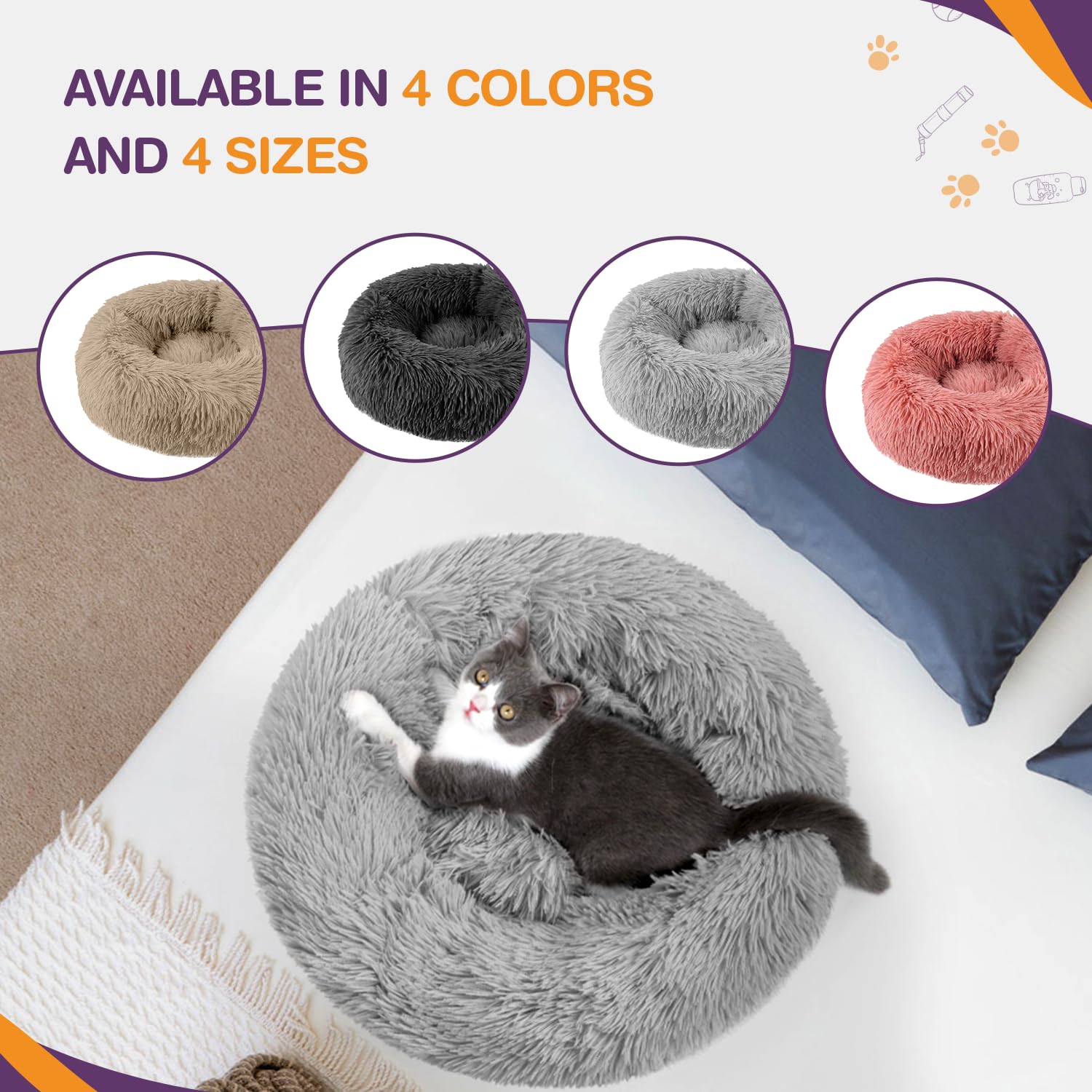 Gadvera Plush Donut Cat & Dog Bed - Self-Warming, Anti-Slip, Reversible, 50cm - Grey