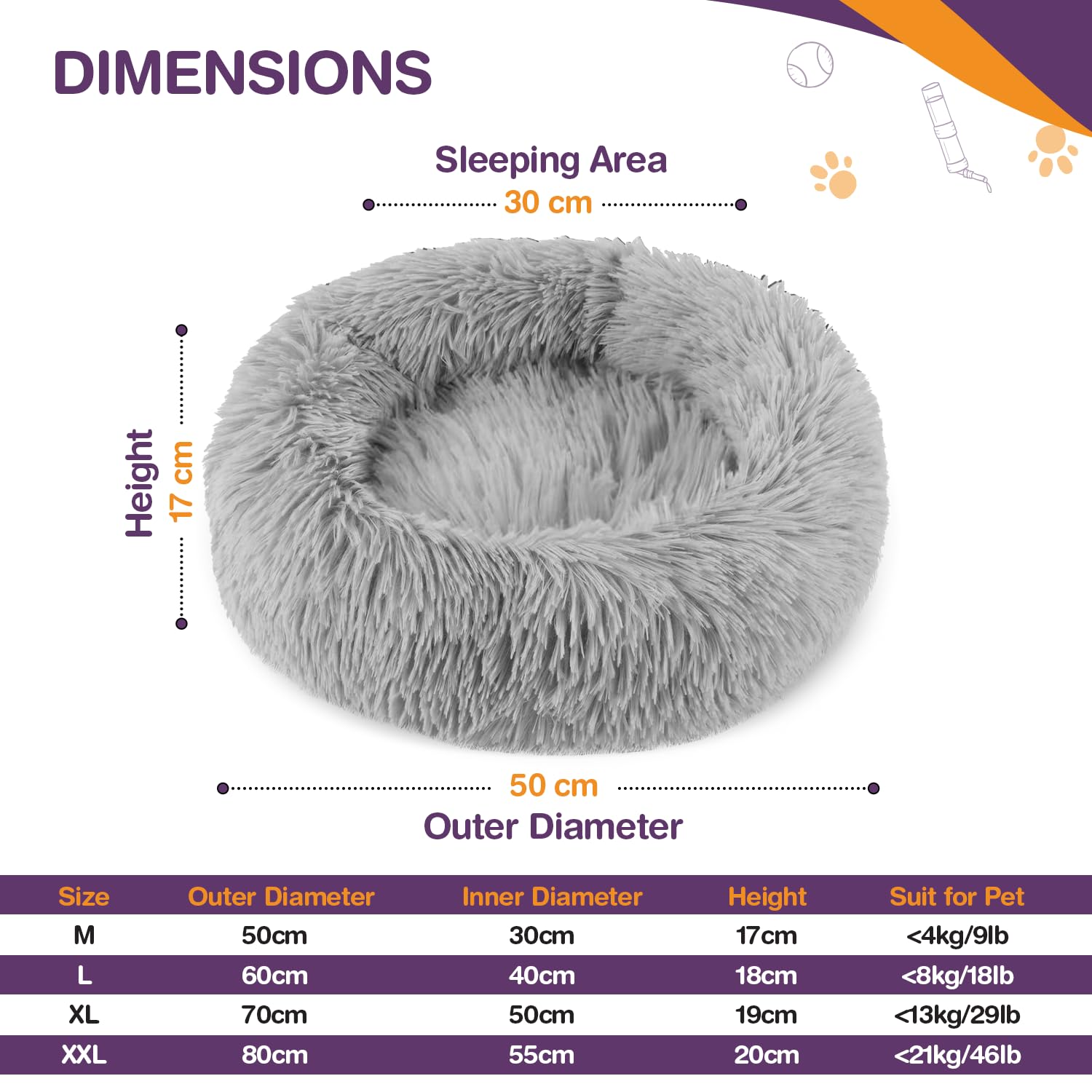 Gadvera Plush Donut Cat & Dog Bed - Self-Warming, Anti-Slip, Reversible, 50cm - Grey