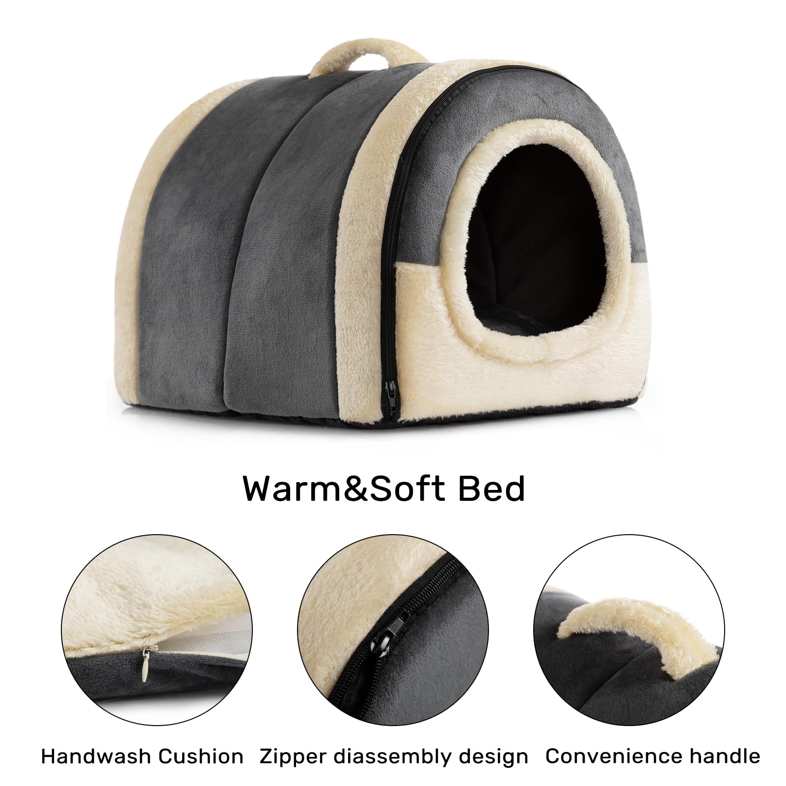 Gadvera 2-in-1 Foldable Cat & Small Dog Bed - Crystal Velvet Cat Cave, Indoor/Outdoor, Dark Grey