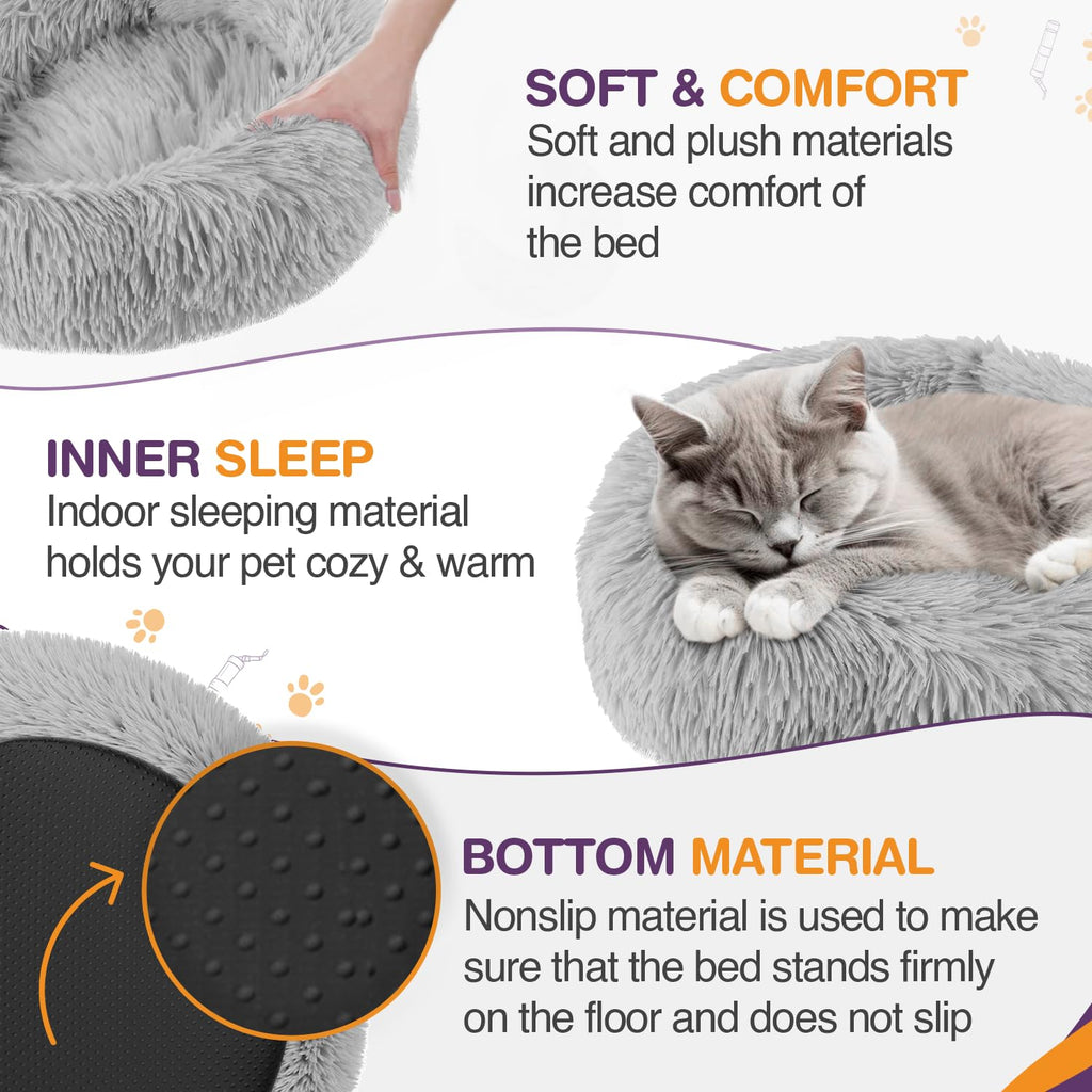 Gadvera Plush Donut Cat & Dog Bed - Self-Warming, Anti-Slip, Reversible, 50cm - Grey