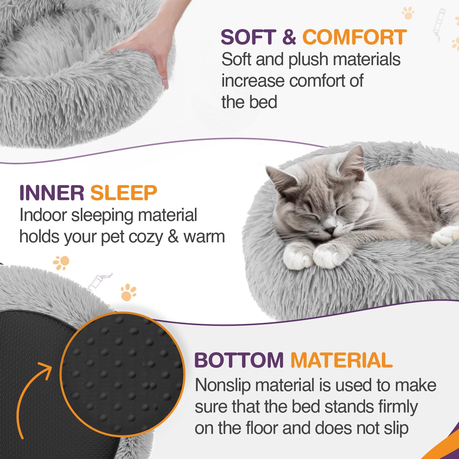 Gadvera Plush Donut Cat & Dog Bed - Self-Warming, Anti-Slip, Reversible, 50cm - Grey