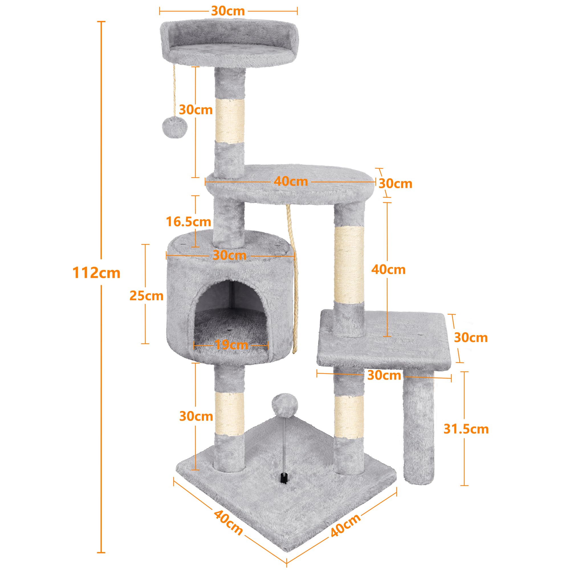 Gadvera 112cm Cat Tree - Multi-Level Scratching Post with Sisal Posts, Cave, Toy Balls - Grey