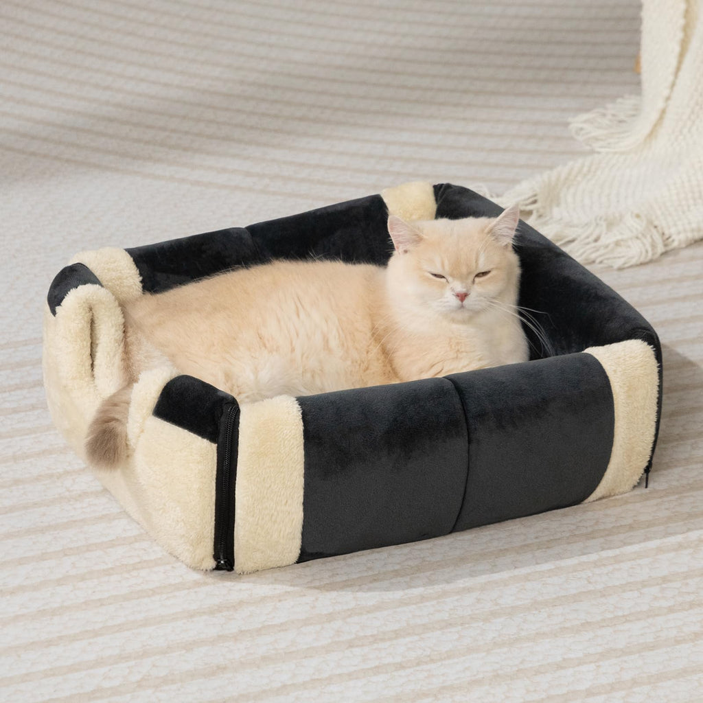 Gadvera 2-in-1 Foldable Cat & Small Dog Bed - Crystal Velvet Cat Cave, Indoor/Outdoor, Dark Grey