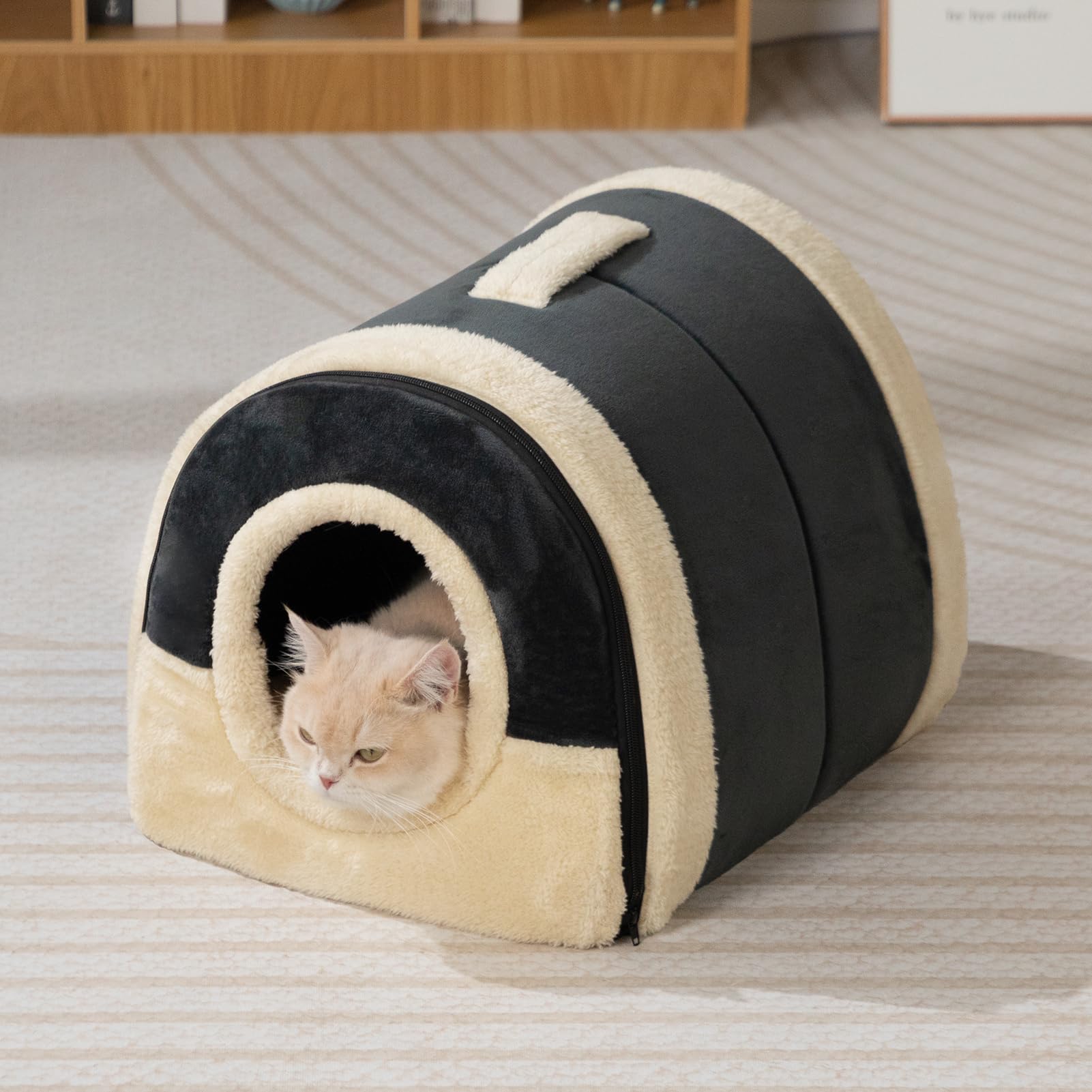 Gadvera 2-in-1 Foldable Cat & Small Dog Bed - Crystal Velvet Cat Cave, Indoor/Outdoor, Dark Grey
