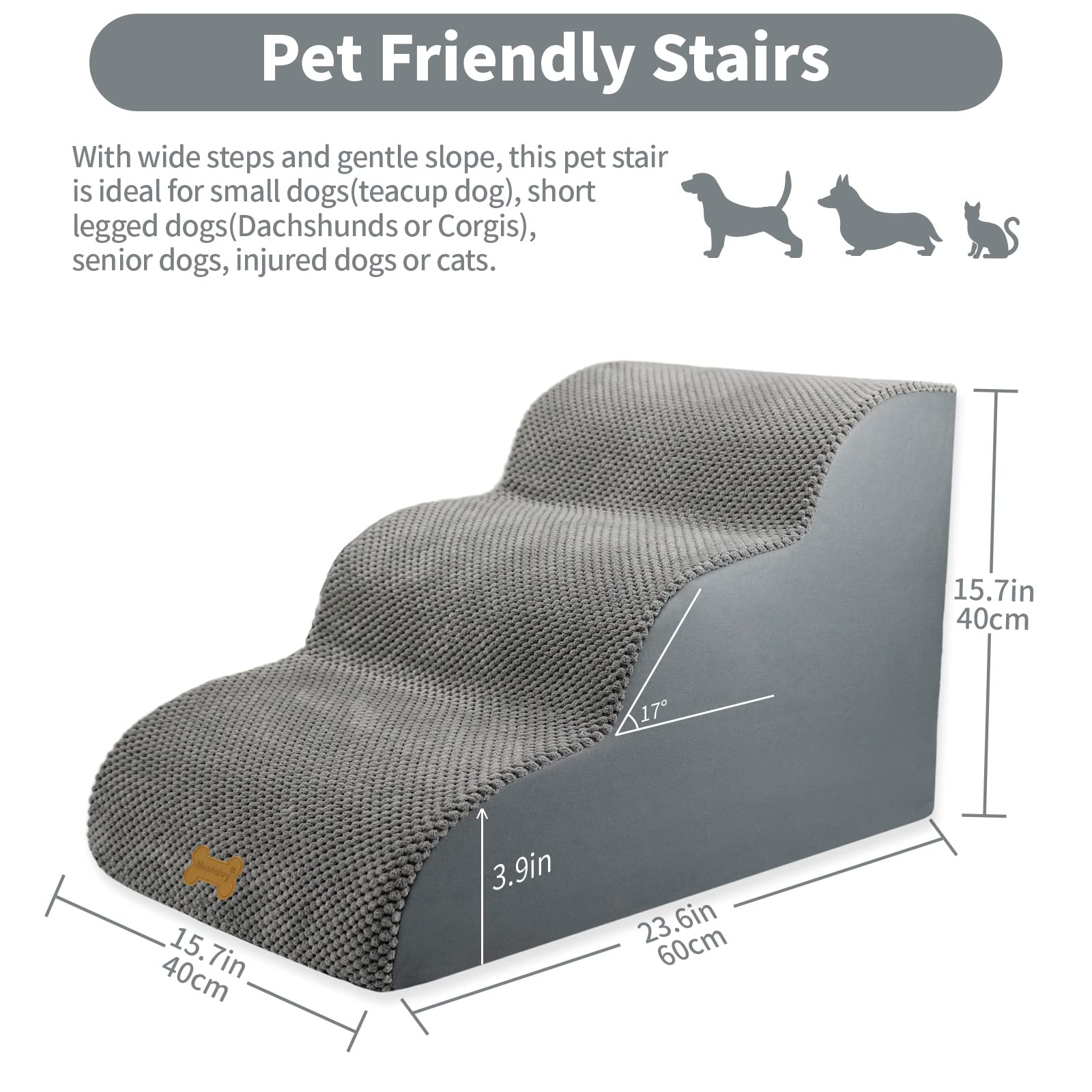 Gadvera 3-Step Dog Stairs - Non-Slip, High-Density Foam, Removable Cover
