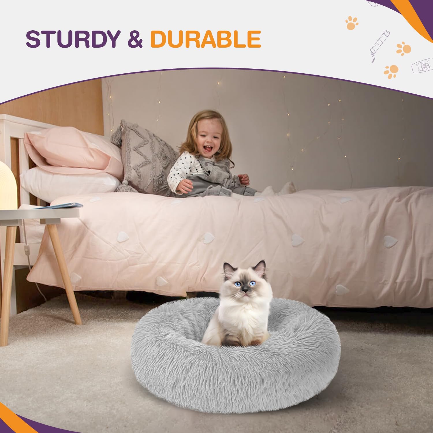 Gadvera Plush Donut Cat & Dog Bed - Self-Warming, Anti-Slip, Reversible, 50cm - Grey