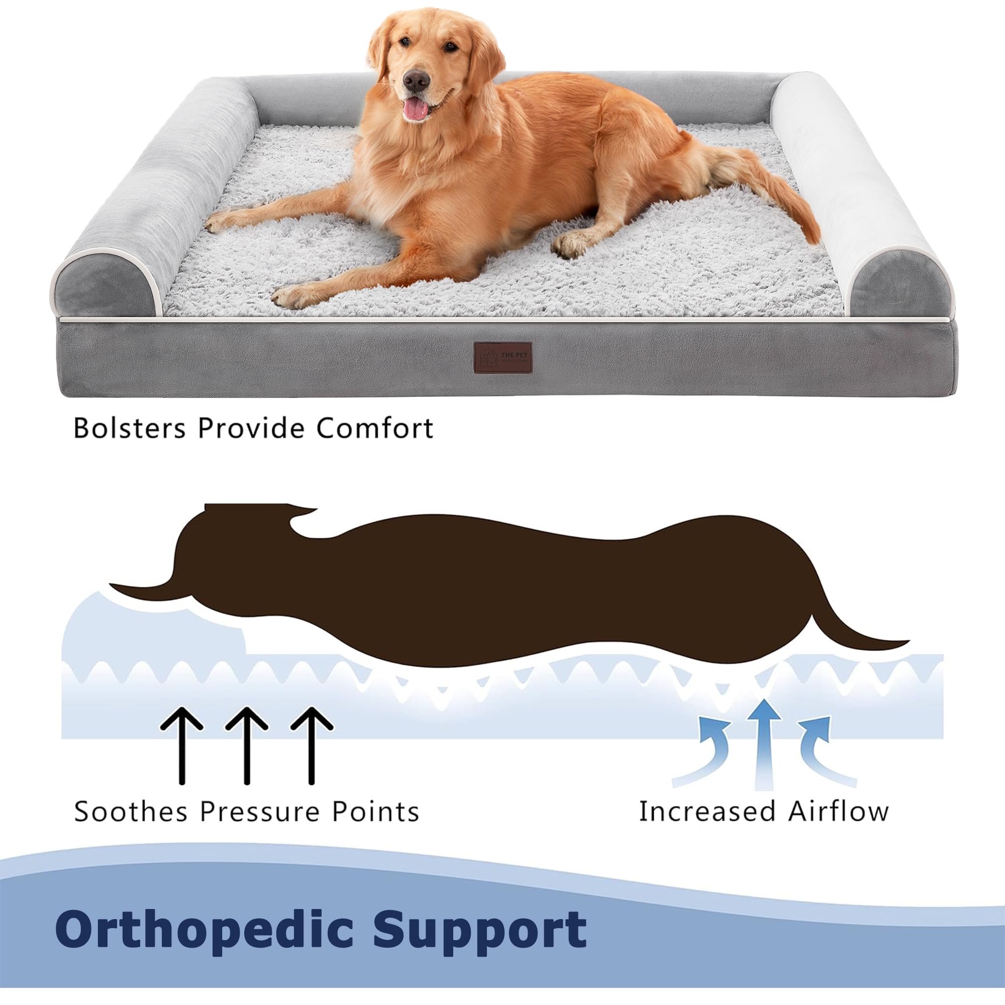 Gadvera Large Orthopedic Dog Bed - U-Shape Bolster, Washable Cover, Waterproof, 106x76x19cm - Grey