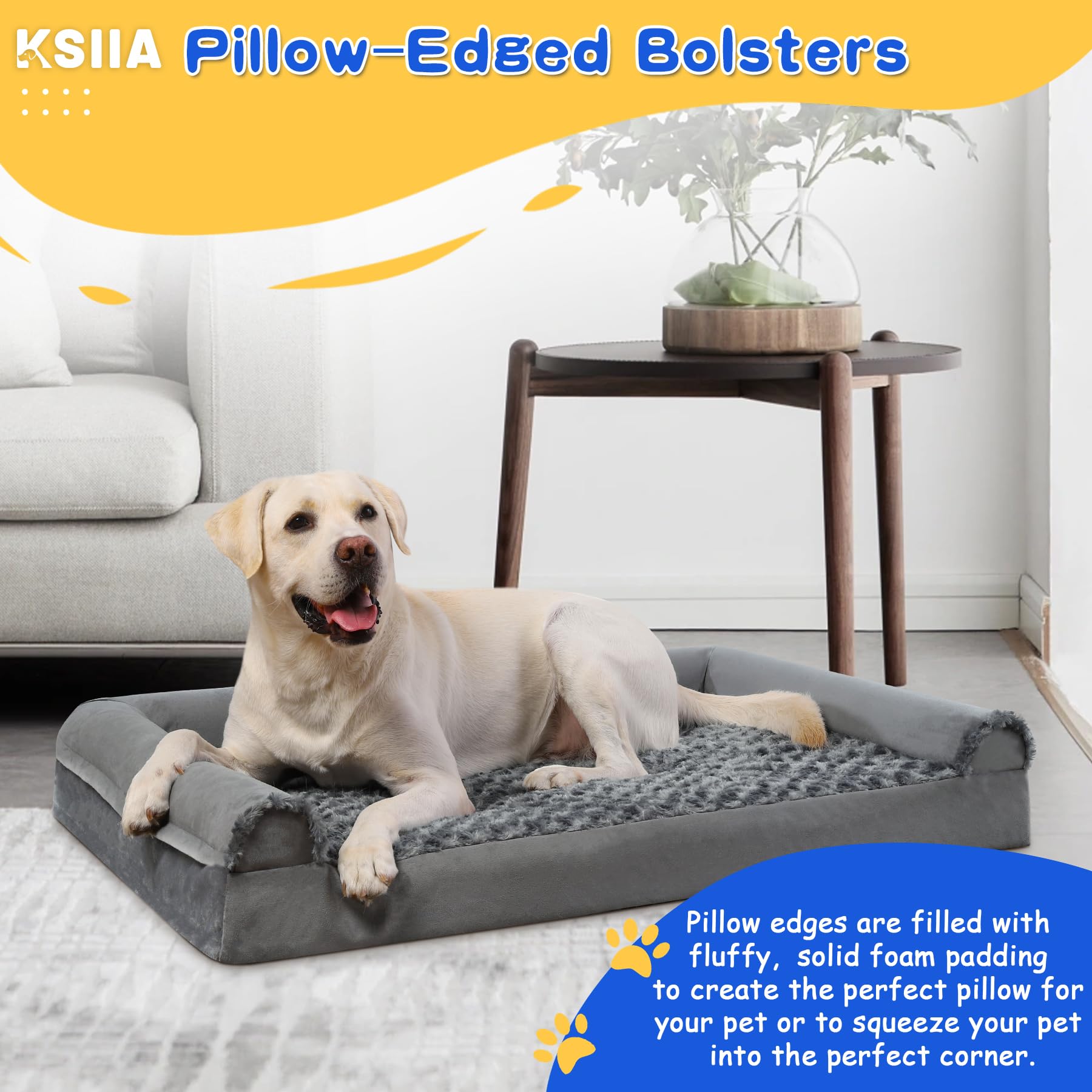 Gadvera Large Orthopedic Dog Bed - U-Shape Bolster, Waterproof, Washable Cover, 90x57x16cm - Grey