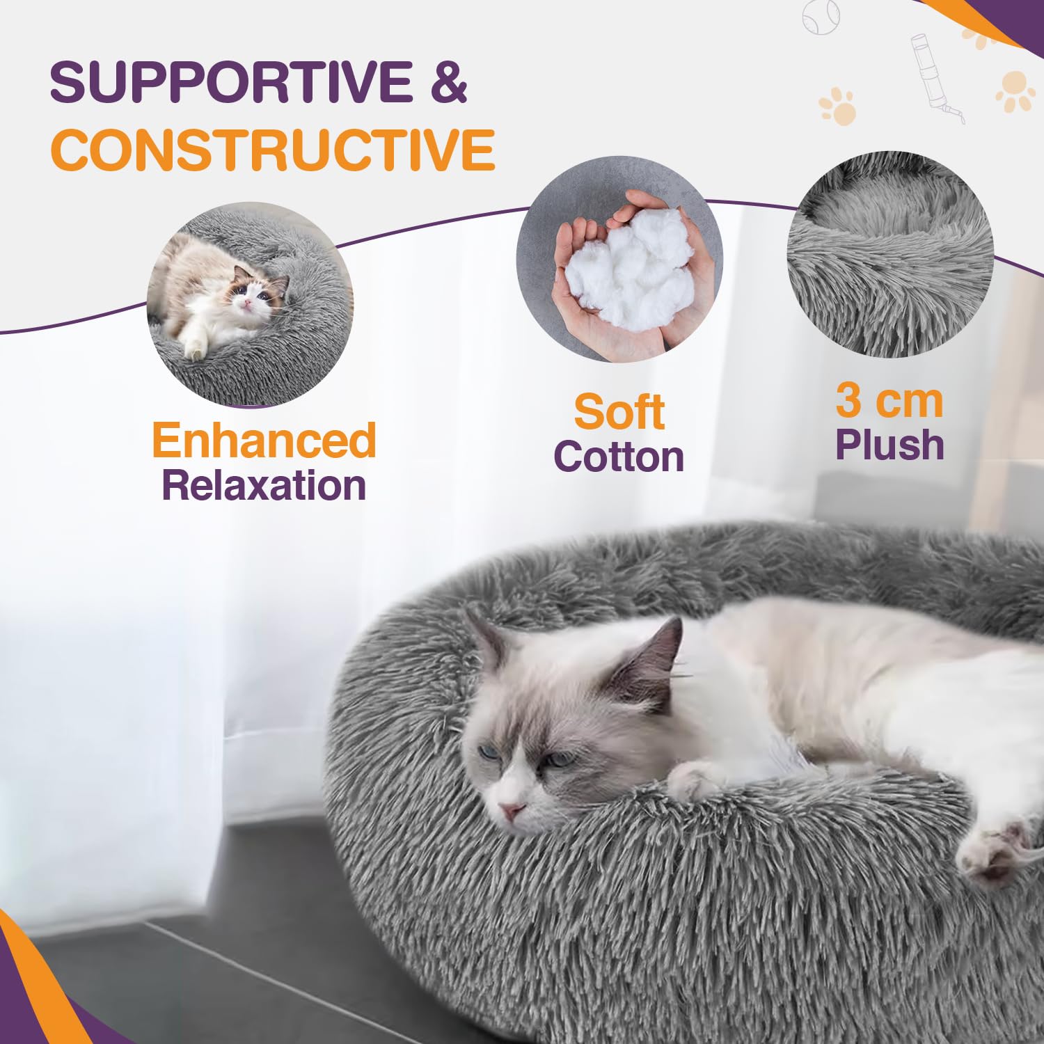 Gadvera Plush Donut Cat & Dog Bed - Self-Warming, Anti-Slip, Reversible, 50cm - Grey