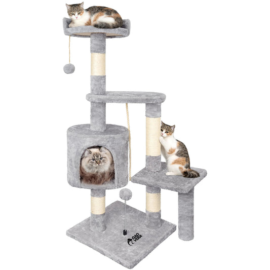Gadvera 112cm Cat Tree - Multi-Level Scratching Post with Sisal Posts, Cave, Toy Balls - Grey
