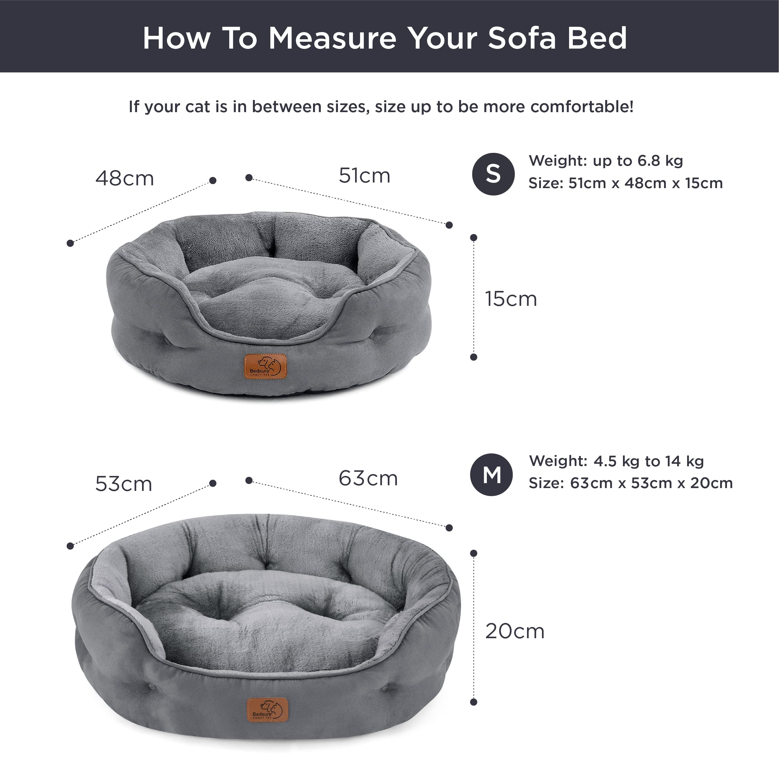 Gadvera Round Cat Bed - Washable, Slip-Resistant, Reversible Cushion, 51x48x15cm - Grey