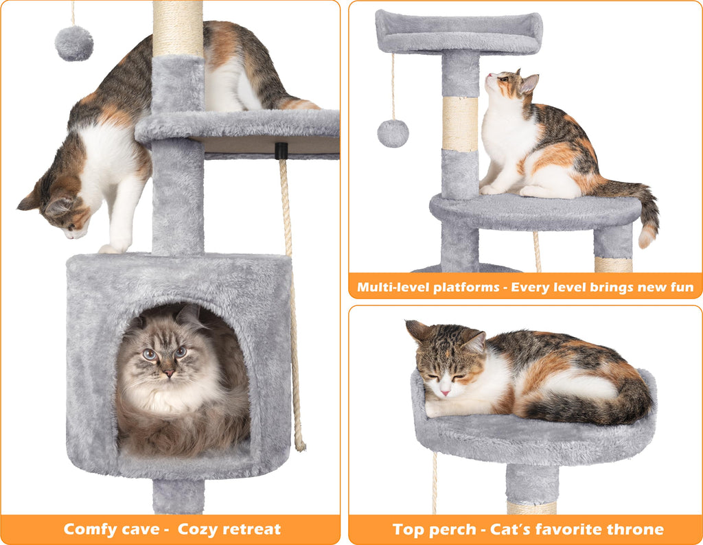 Gadvera 112cm Cat Tree - Multi-Level Scratching Post with Sisal Posts, Cave, Toy Balls - Grey