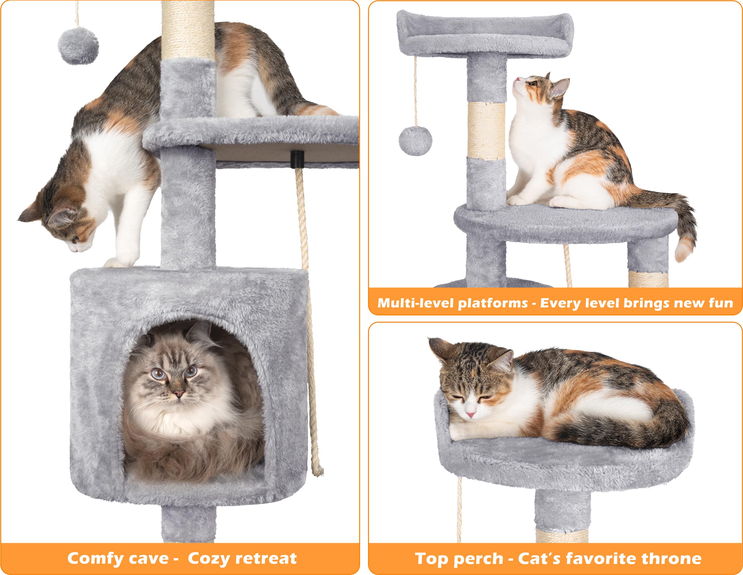Gadvera 112cm Cat Tree - Multi-Level Scratching Post with Sisal Posts, Cave, Toy Balls - Grey