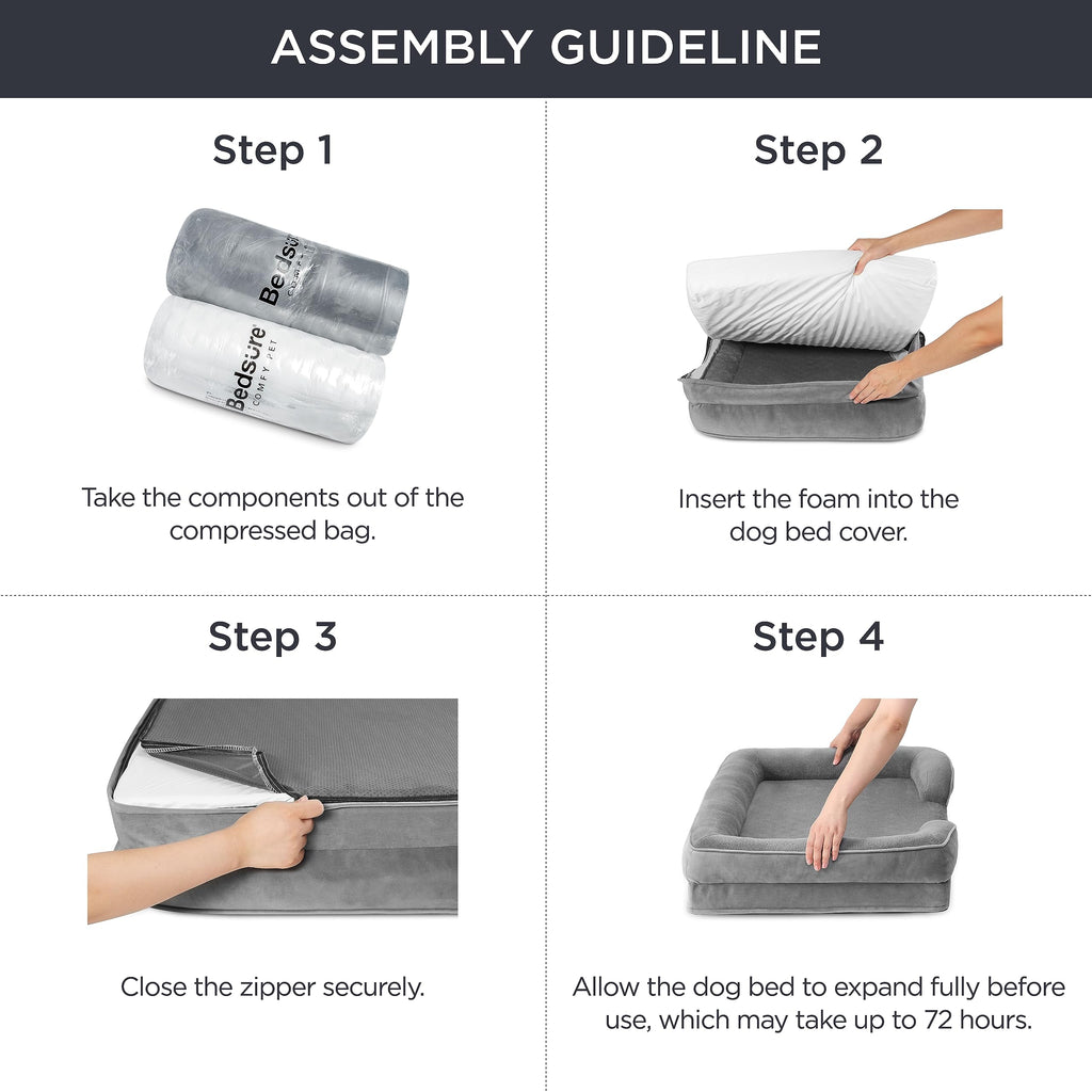 Gadvera Large Orthopedic Dog Bed Sofa - Washable, U-Shape Bolster, Waterproof, 89x63x16cm - Grey