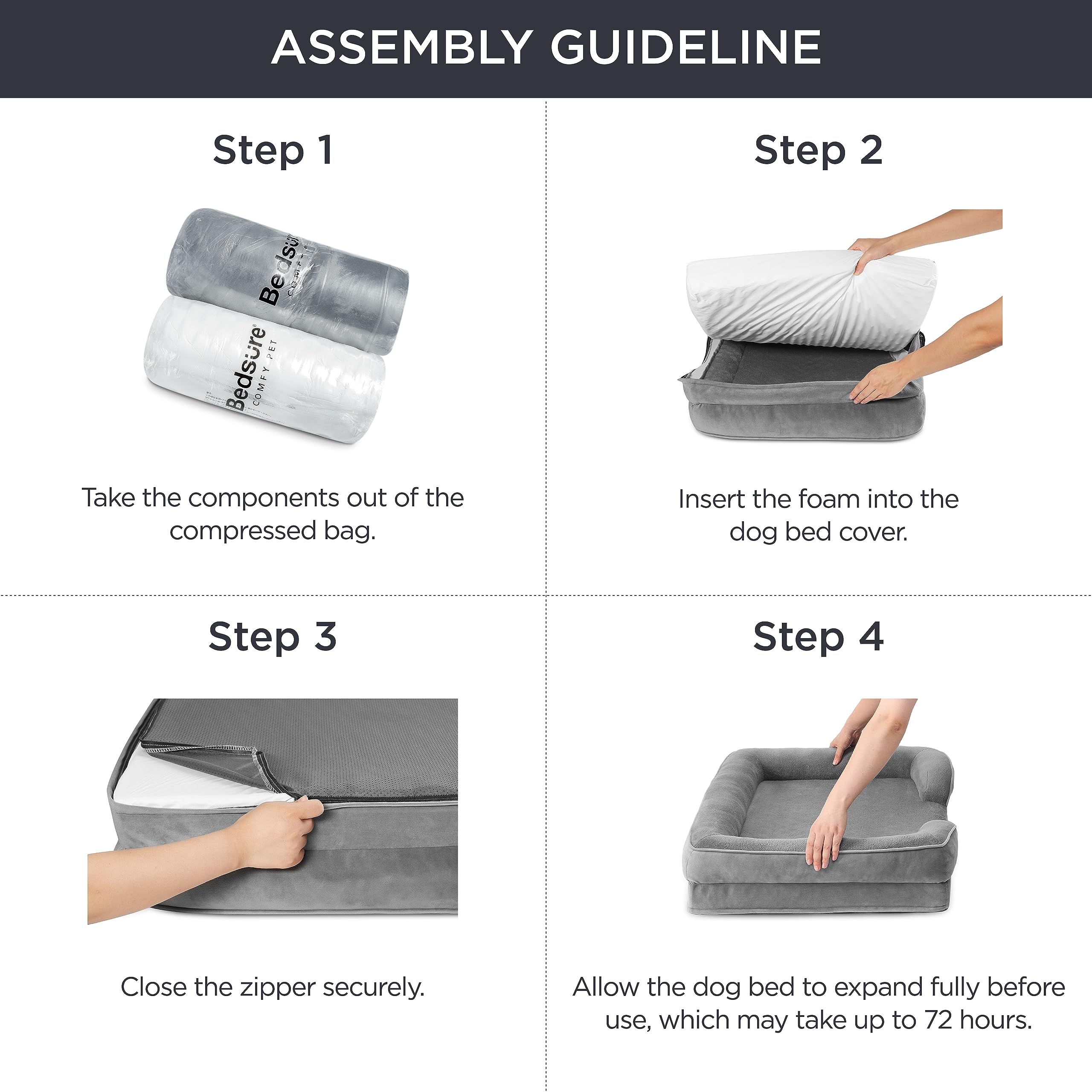 Gadvera Large Orthopedic Dog Bed Sofa - Washable, U-Shape Bolster, Waterproof, 89x63x16cm - Grey