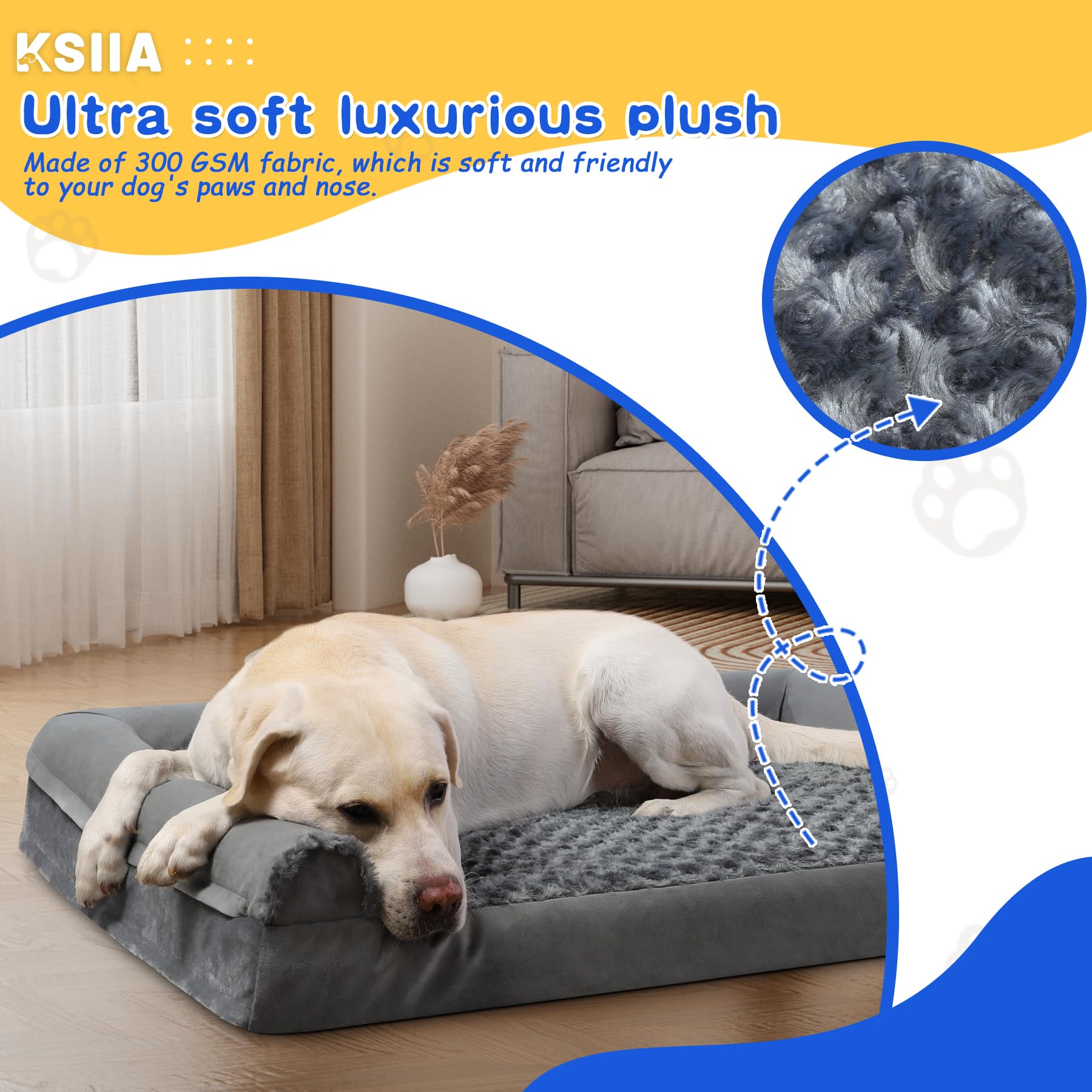 Gadvera Large Orthopedic Dog Bed - U-Shape Bolster, Waterproof, Washable Cover, 90x57x16cm - Grey