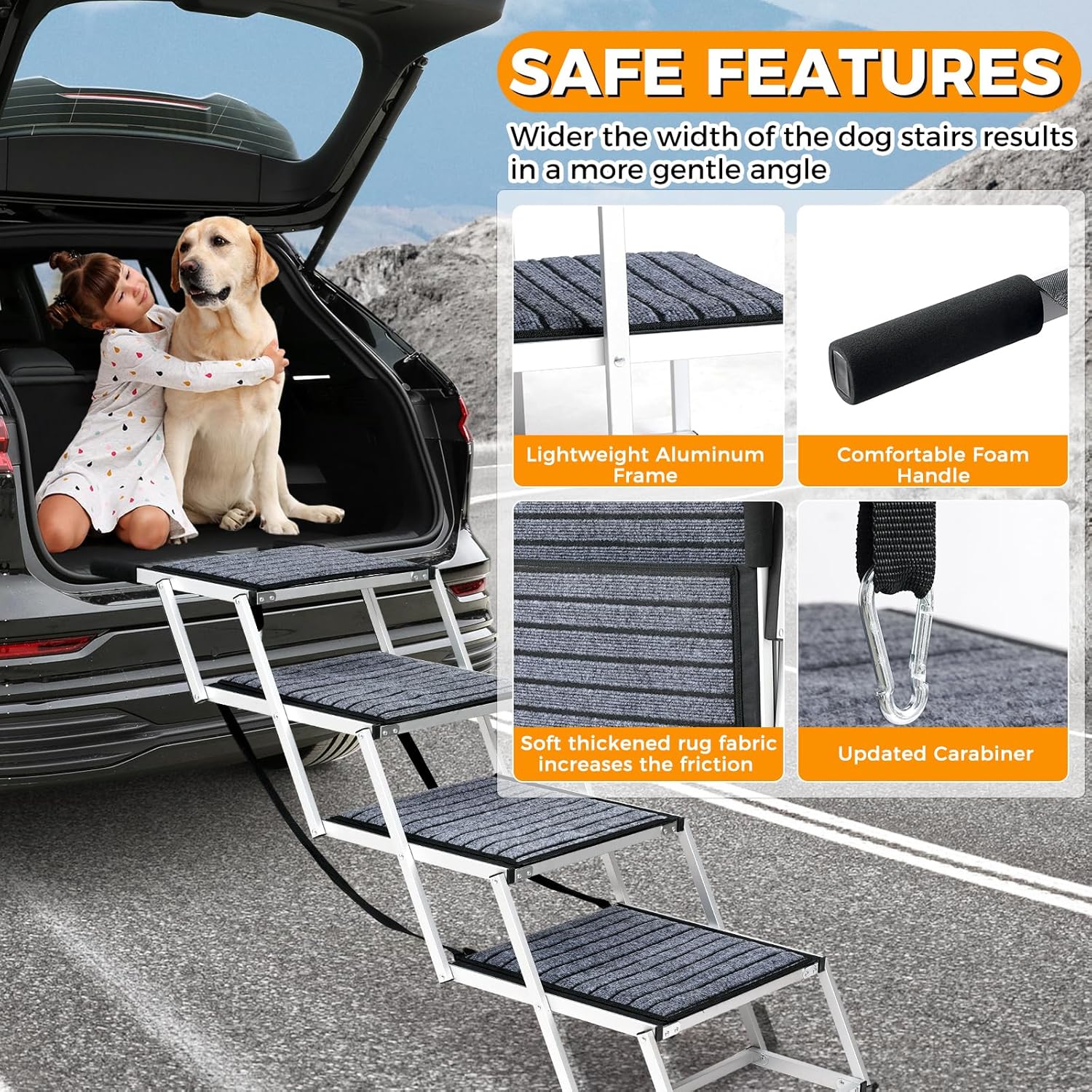 Gadvera™ Extra-Wide Aluminum Dog Ramp – Non-Slip 4-Step Folding Pet Stairs for Cars, SUVs & Trucks | Lightweight, Easy to Fold, with Carpet Surface for Safe Travel