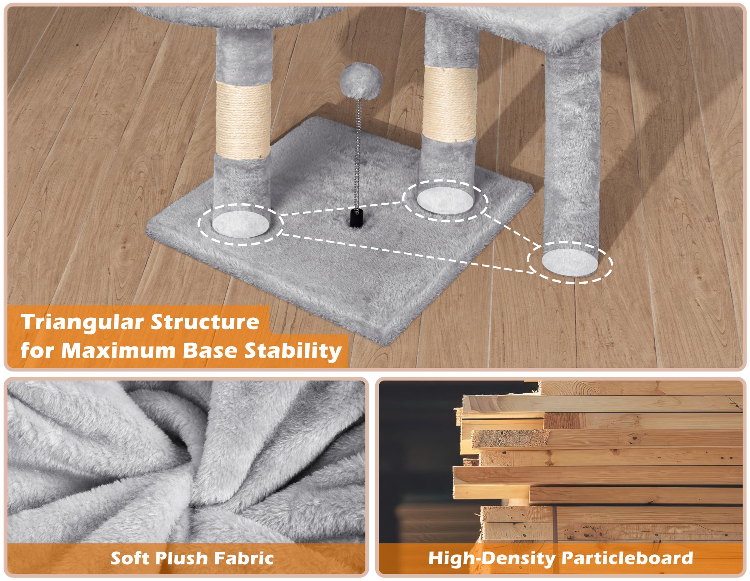 Gadvera 112cm Cat Tree - Multi-Level Scratching Post with Sisal Posts, Cave, Toy Balls - Grey
