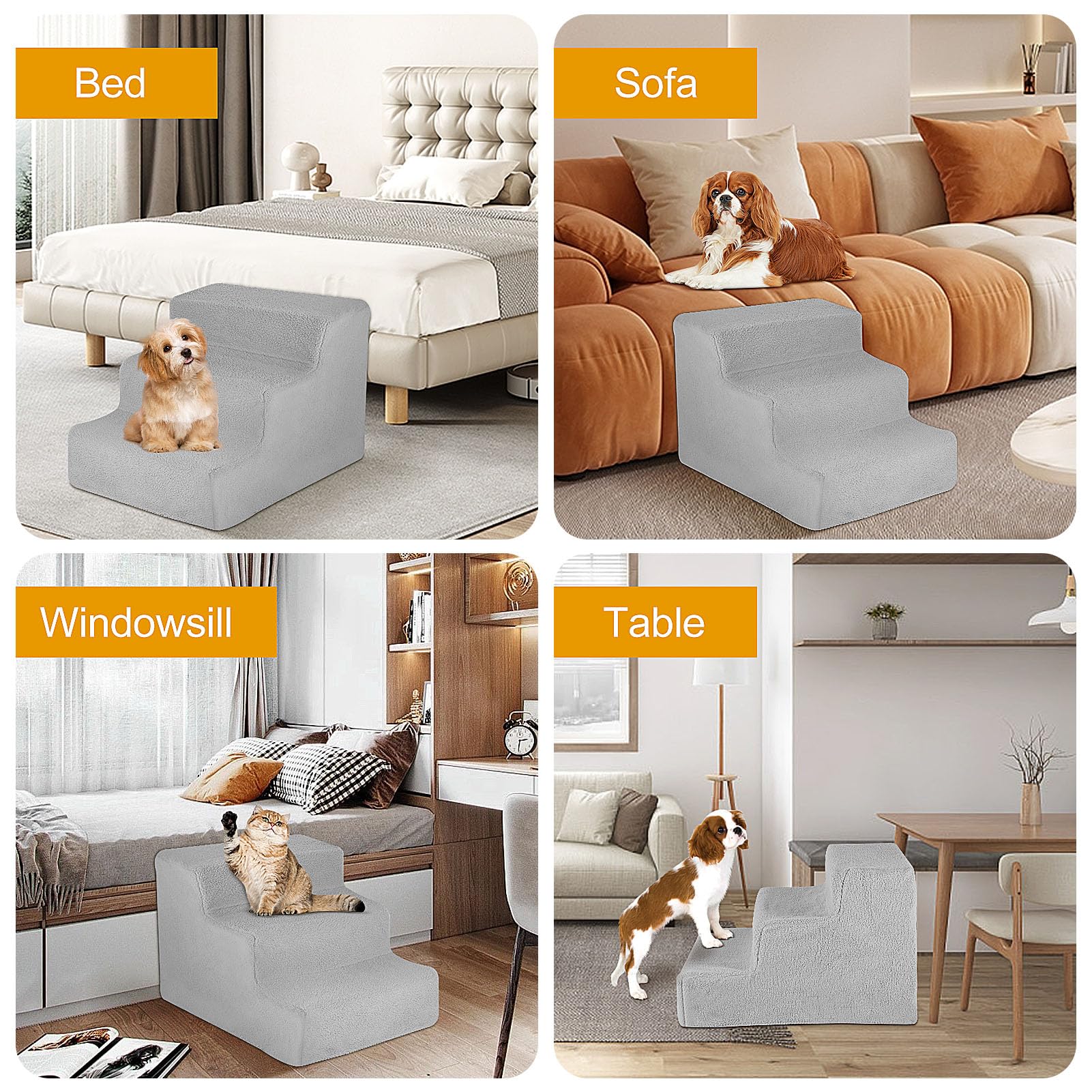 Gadvera 3-Step Dog Ramp - Non-Slip Pet Stairs for Small Dogs & Cats, Sofa Access - Grey