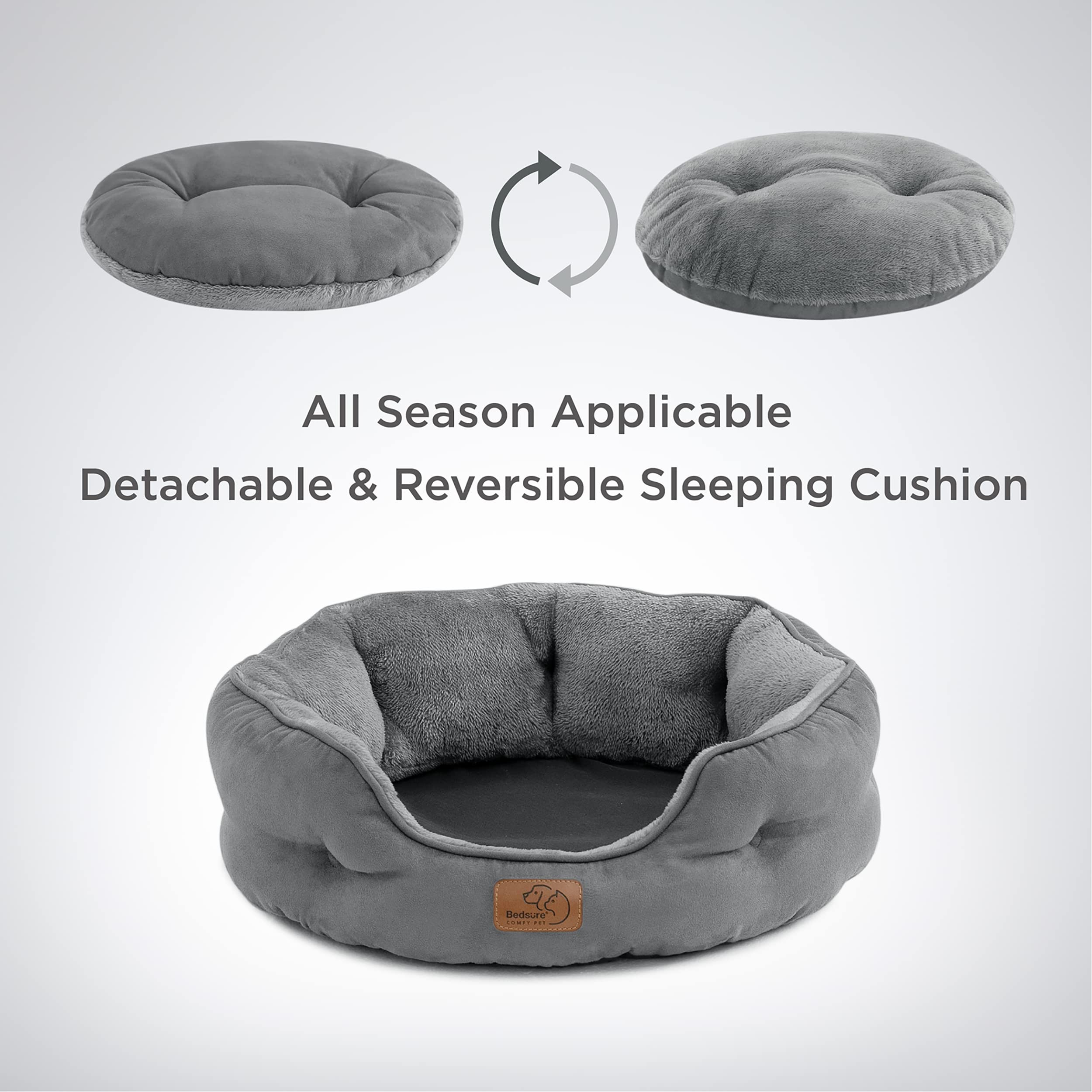 Gadvera Round Cat Bed - Washable, Slip-Resistant, Reversible Cushion, 51x48x15cm - Grey