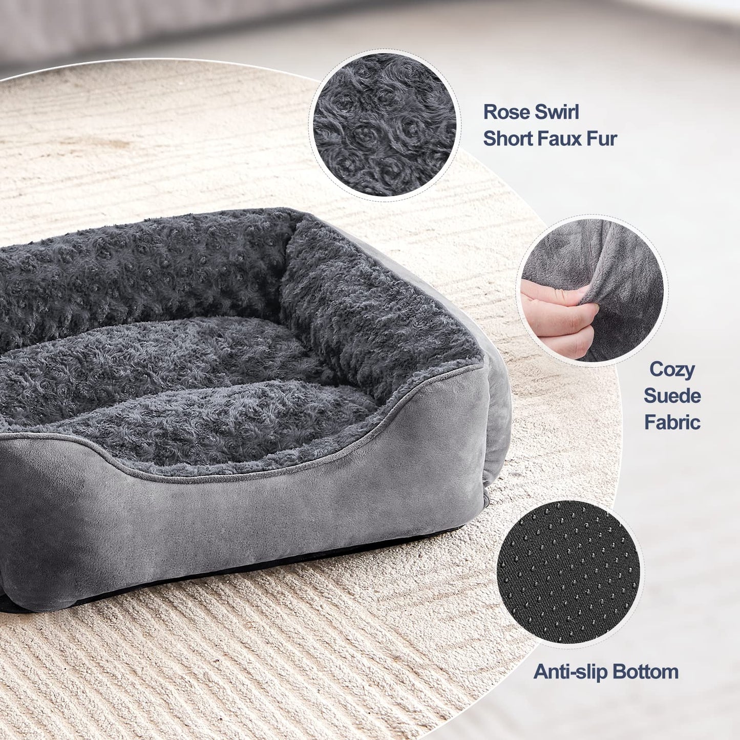 Gadvera Medium Dog Bed - Washable Plush, Non-Slip, Grey - Small, Medium, Large