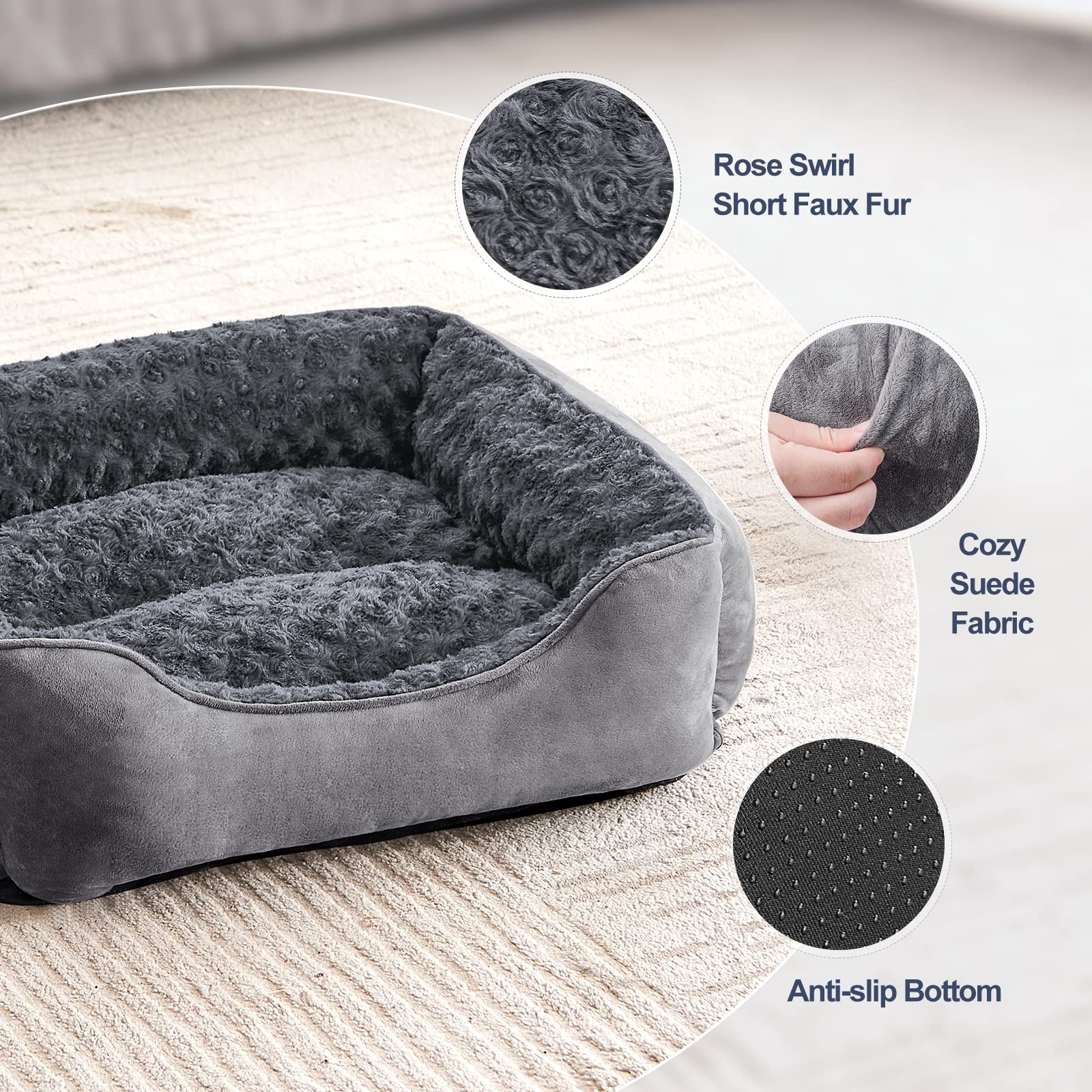 Gadvera Medium Dog Bed - Washable Plush, Non-Slip, Grey - Small, Medium, Large