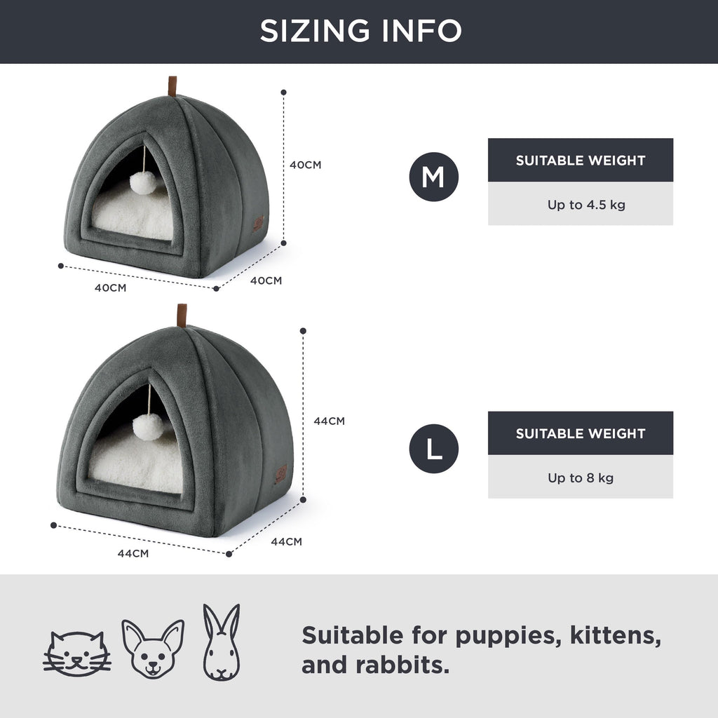 Gadvera Cat Cave Bed - Hooded Flannel Igloo, Foldable, Washable Cushion, 40x40x40cm - Dark Grey