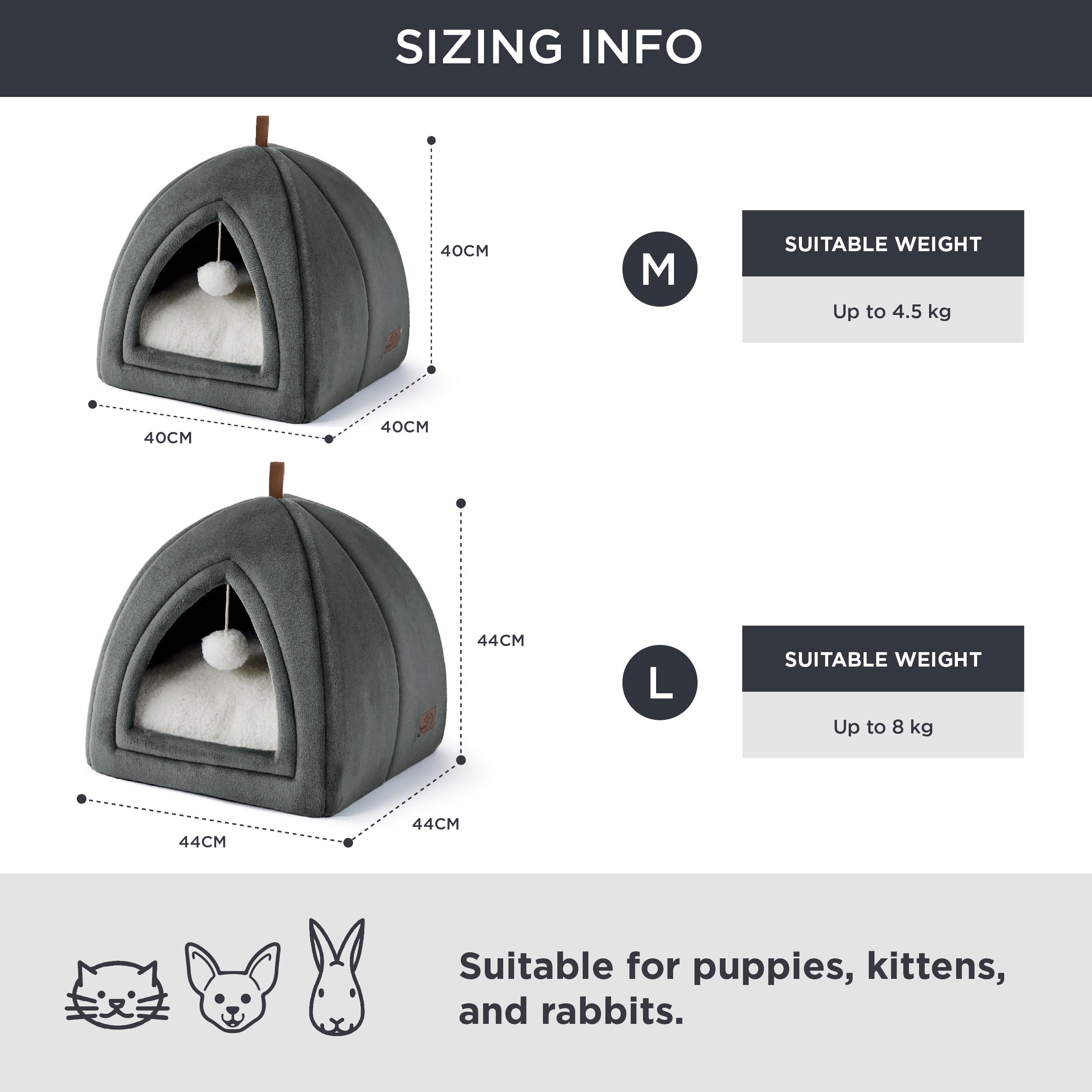 Gadvera Cat Cave Bed - Hooded Flannel Igloo, Foldable, Washable Cushion, 40x40x40cm - Dark Grey
