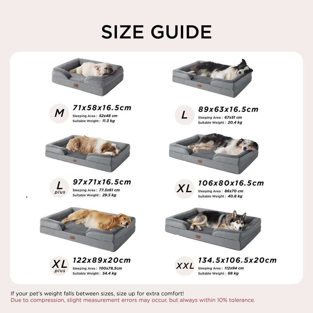 Gadvera Large Orthopedic Dog Bed Sofa - Washable, U-Shape Bolster, Waterproof, 89x63x16cm - Grey