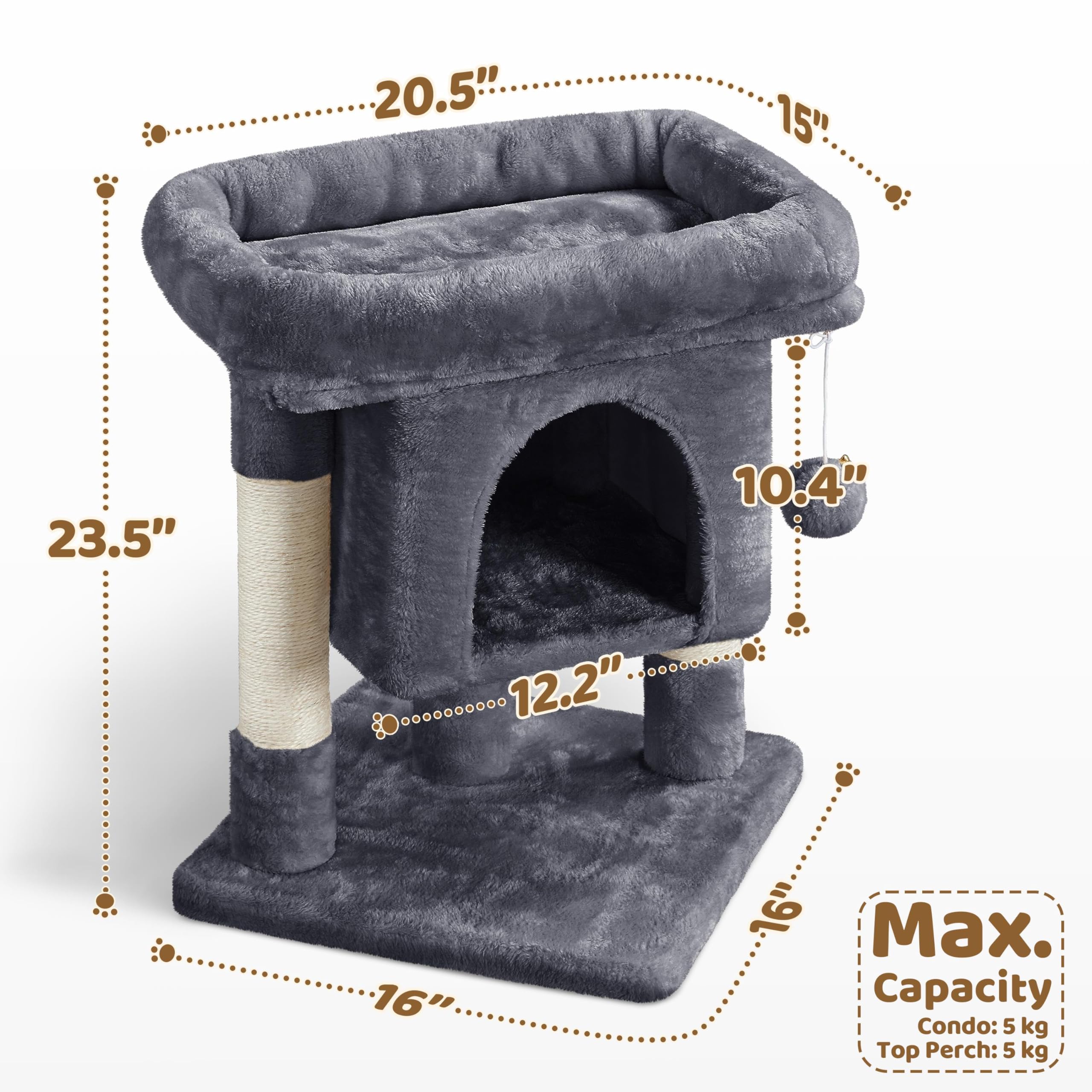 Gadvera 59cm Cat Tree - Scratching Post, Condo & Hanging Ball - Dark Grey