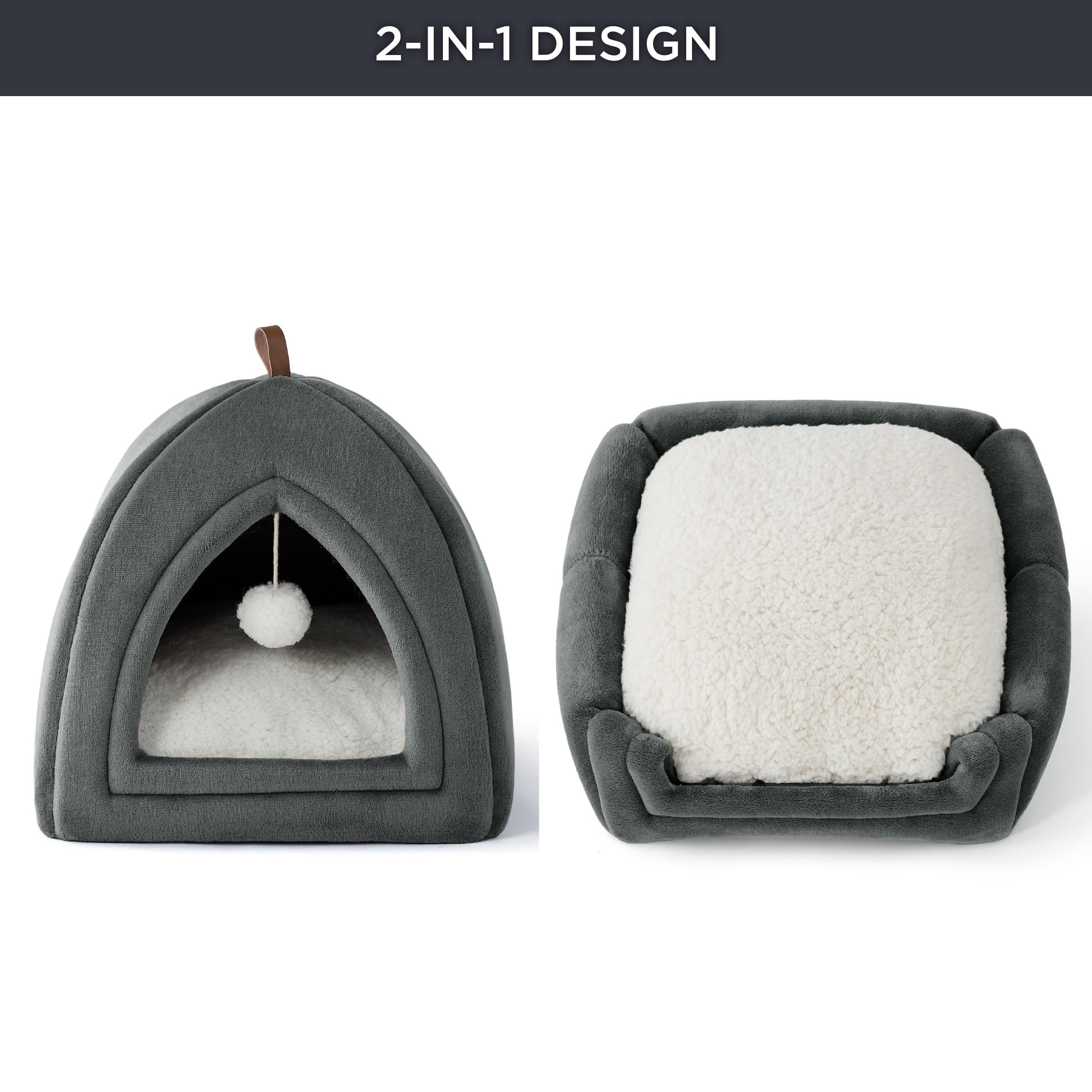 Gadvera Cat Cave Bed - Hooded Flannel Igloo, Foldable, Washable Cushion, 40x40x40cm - Dark Grey