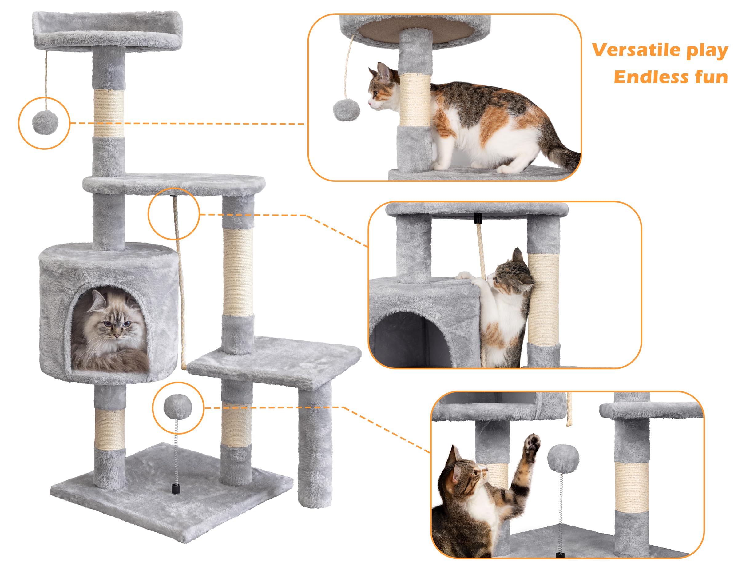 Gadvera 112cm Cat Tree - Multi-Level Scratching Post with Sisal Posts, Cave, Toy Balls - Grey