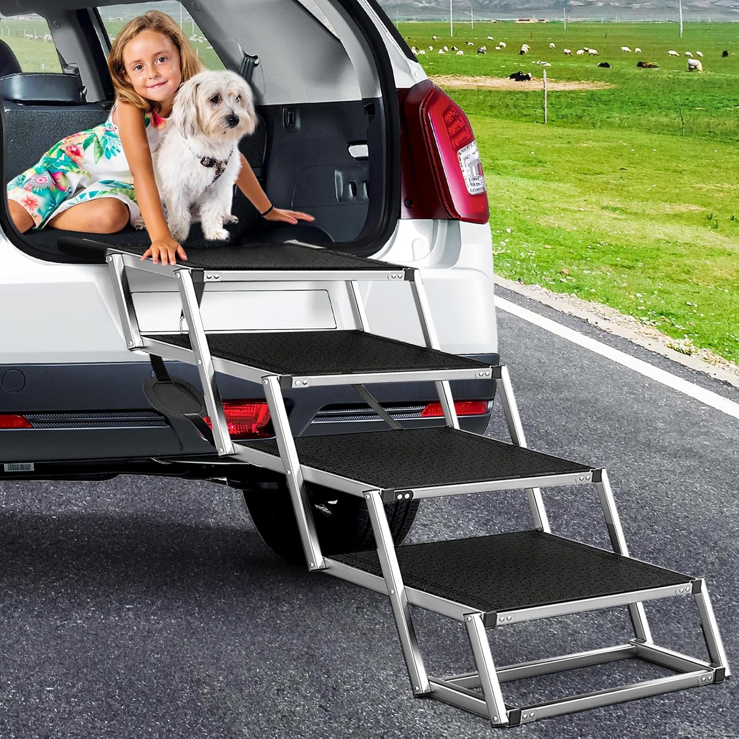 Gadvera™ Extra-Wide Aluminum Dog Ramp – Non-Slip 4-Step Folding Pet Stairs for Cars, SUVs & Trucks | Lightweight, Easy to Fold, with Carpet Surface for Safe Travel