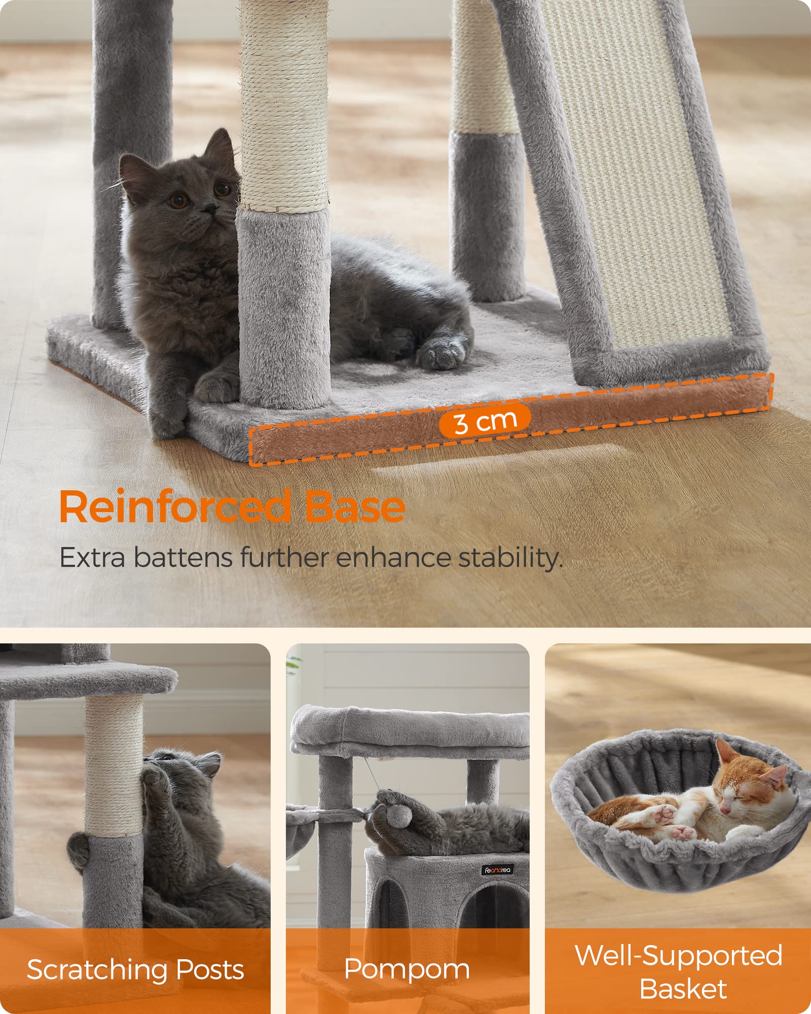 Gadvera Cat Tree - Widened Perch for Large Cats - Light Grey