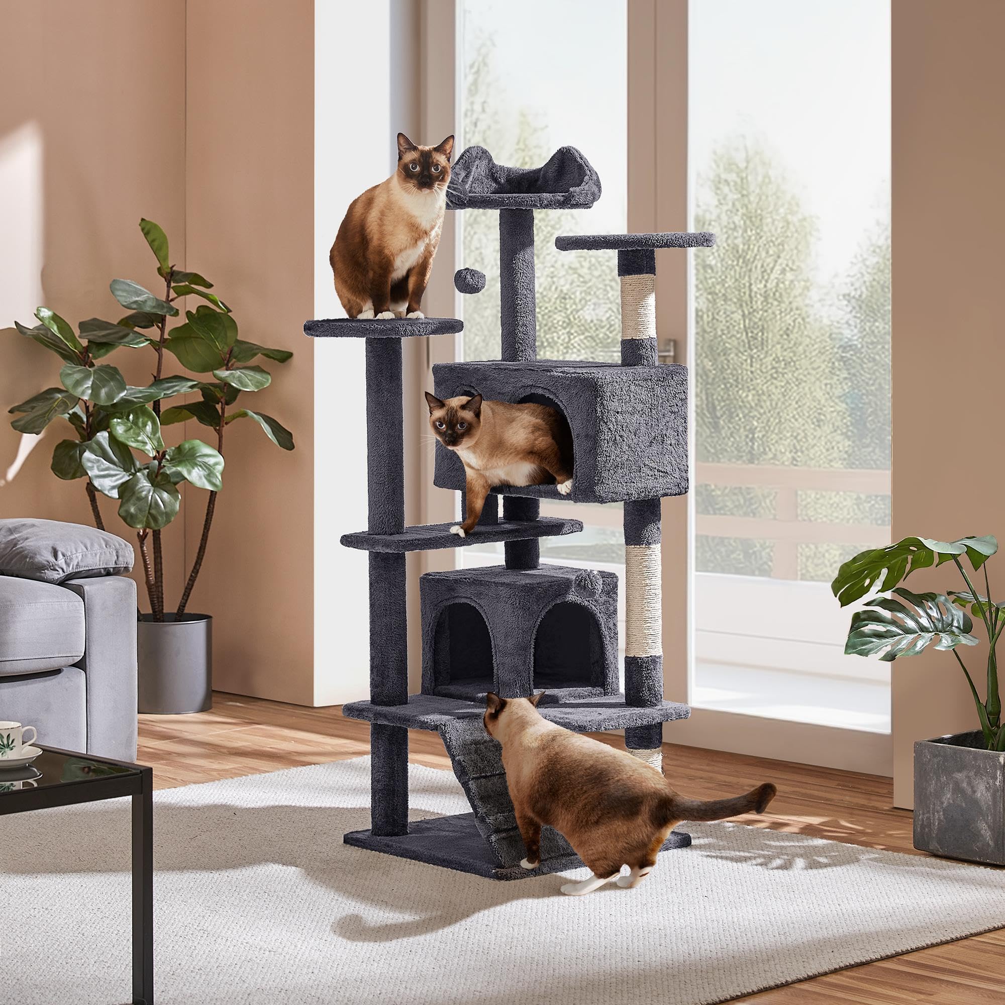 Gadvera 138.5cm Cat Tree - Scratching Posts, Condos & Ladder - Dark Grey